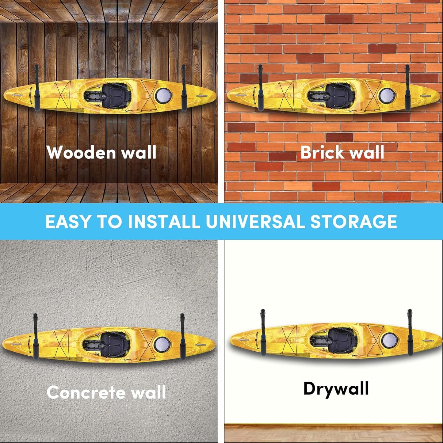 Kayak Storage Rack,Kayak Rack for Garage,Kayak Wall Mount Kayak Wall Rack with Nylon Straps,Heavy Duty Kayak Hanger Kayak Hook Suitable for Kayaks and SUP Paddle Board(4Pack,6 Colors)