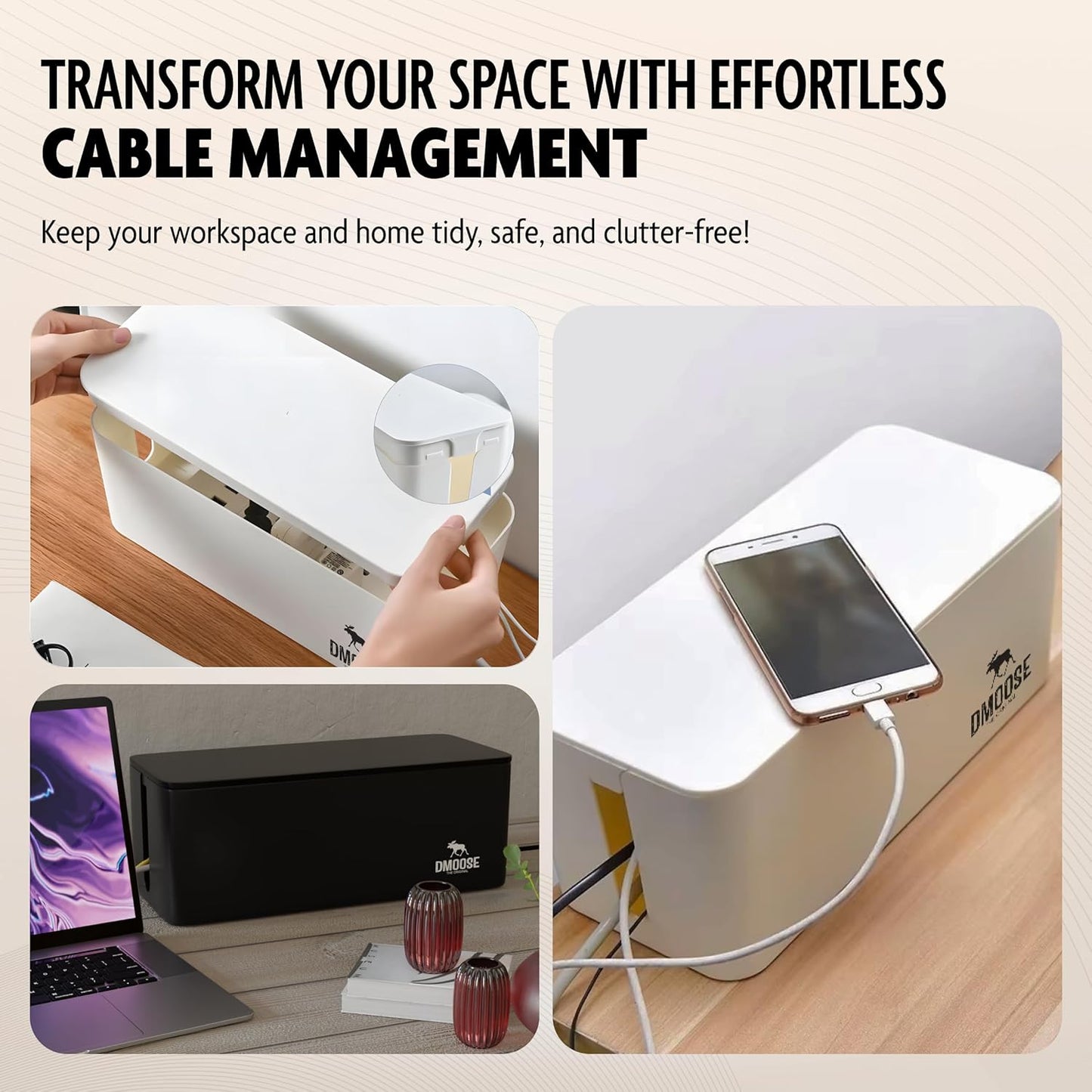 DMoose Cable Management Box - 2 Pack Medium & Large Cord Organizer for Desk & Floor, Cable Organizer Box for Child & Pet - Cable Box Hider for Tidy Office & Home, Power Strip Cover (Black - Pack of 2)