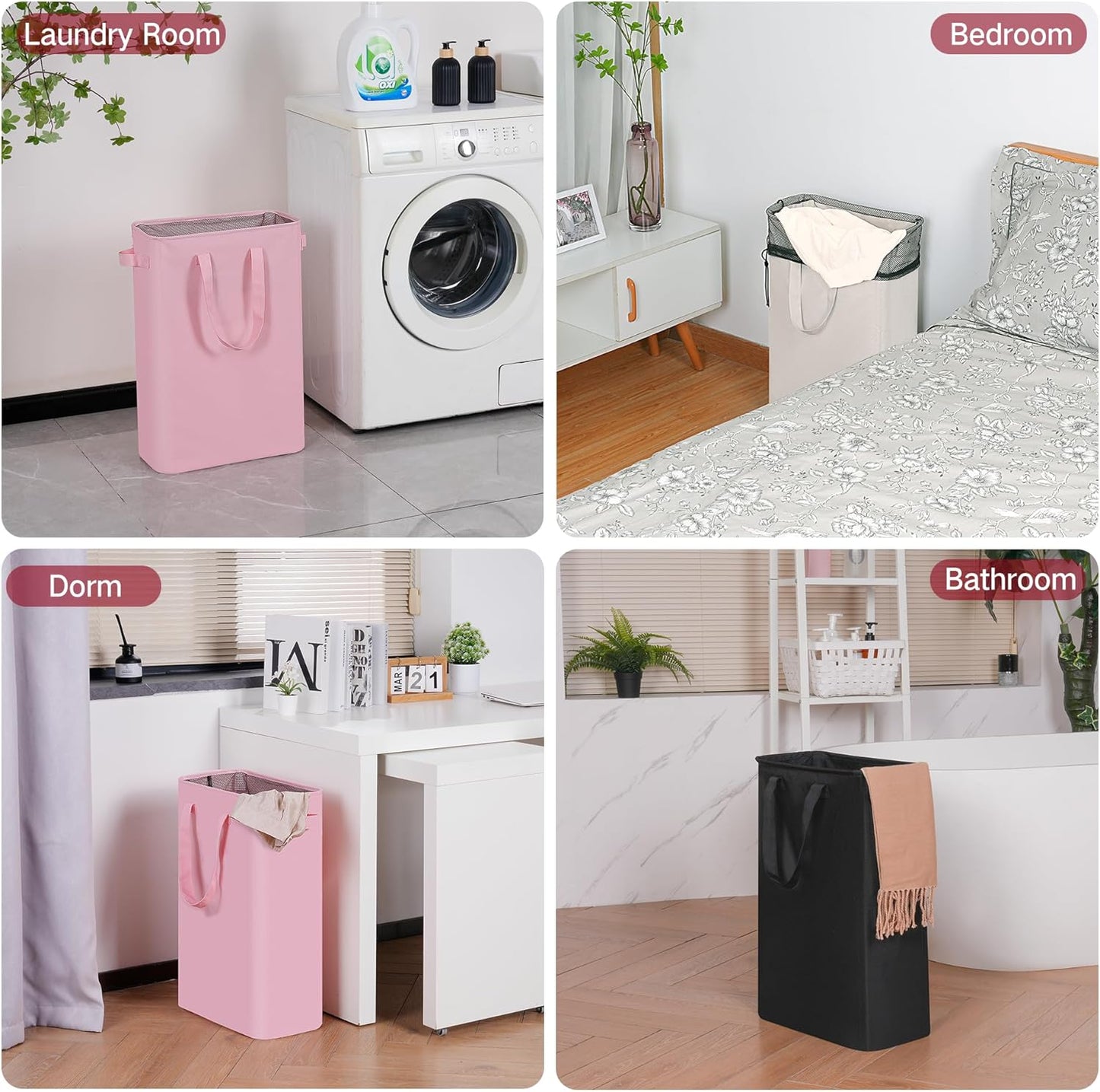 efluky Slim Laundry Basket, Narrow Laundry Hamper with Handles, Collapsible Dirty Clothes Hamper, Tall Laundry Bin for Laundry Room, Dorm and Bedroom, 19.8 Gallon (75L) Pink