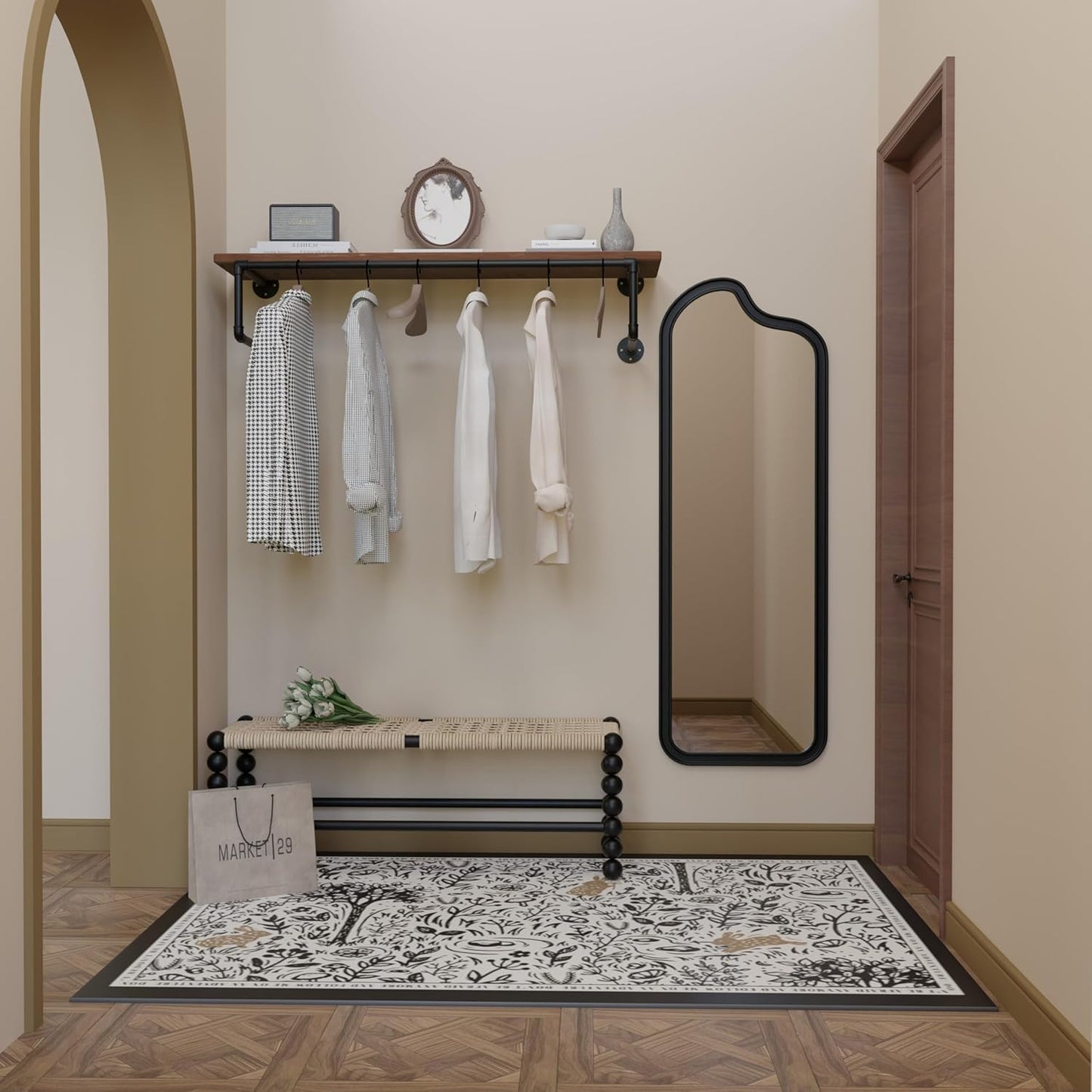 Clothes Rack 42in, Wall Mounted Garment Racks with Real Brown Wood Shelf, Heavy Duty Hanging Clothes Rack, Multi-Purpose Hanging Rod, Space-Saving Closet Storage