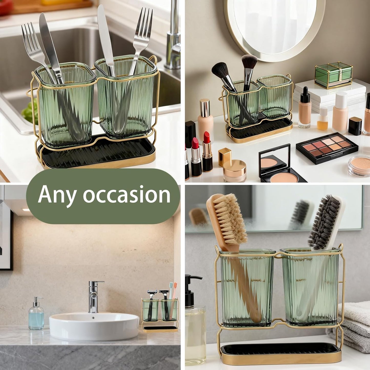 2-Pack Green Toothbrush Holders, Wall Mounted or Countertop Toothbrush Holders with Drain Tray, All-in-One Bathroom Organizers and Storage for Toothpaste, Razors, Family & Kids (Green)