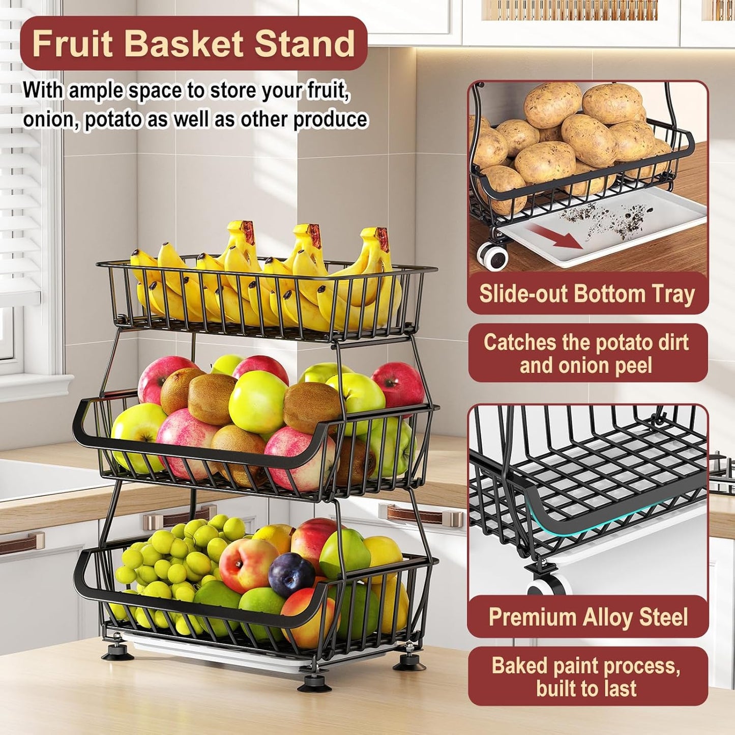 Miyawell 3-Tier Rolling Pantry Cart with Wheels, Stackable Wire Storage Floor Organizer for Kitchen Pantry Snack Shelves, Fruit Basket Stand, Vegetable Storage Rack for Food Snacks Onion Potato