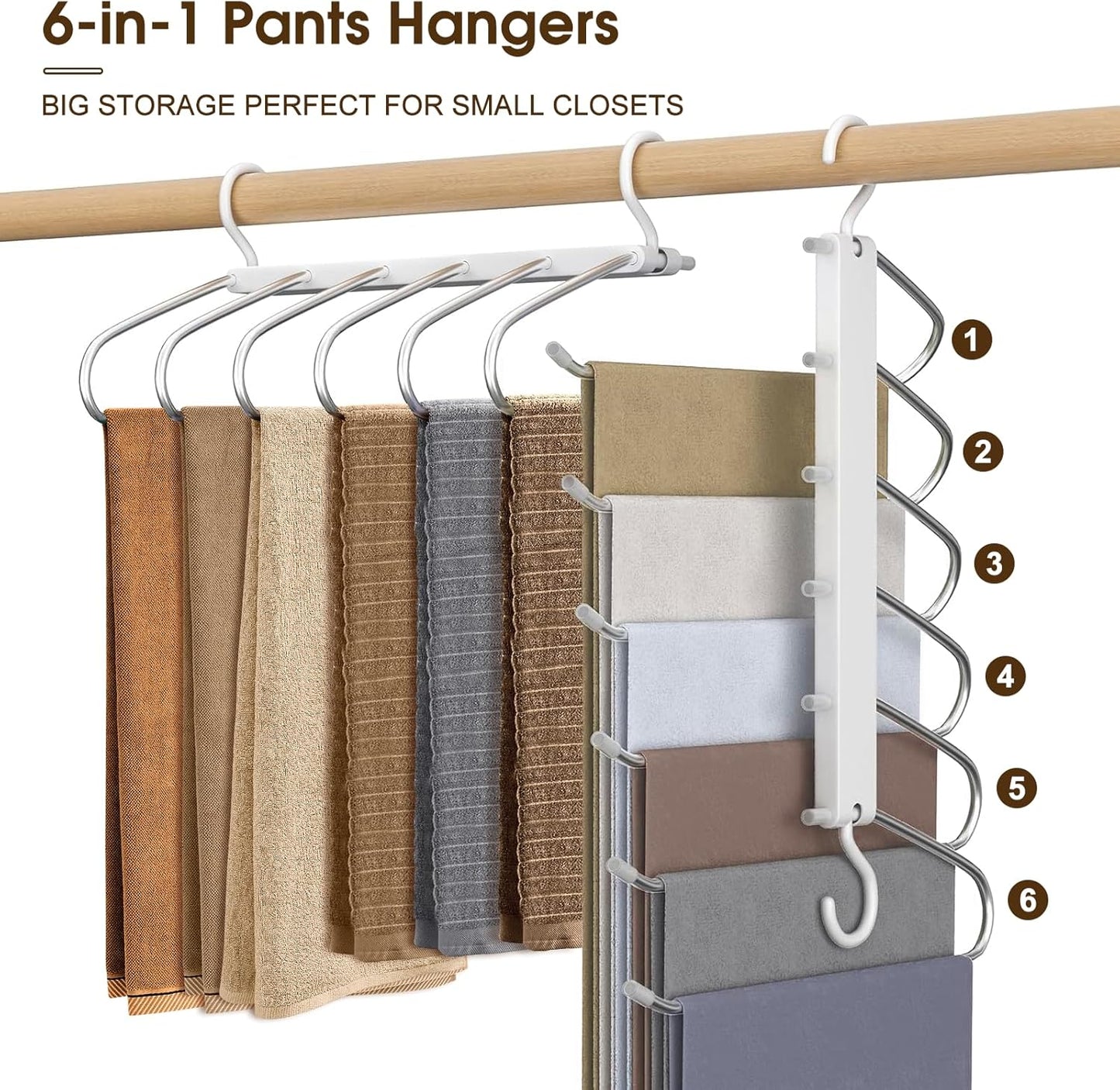Space Saving Pants Hanger 6 Tier - Stainless Steel No Slip Multi Trouser Rack for Jeans, Slacks, Scarves - Vertical Folding Closet Organizer Saver for Men Women, 2 Pack