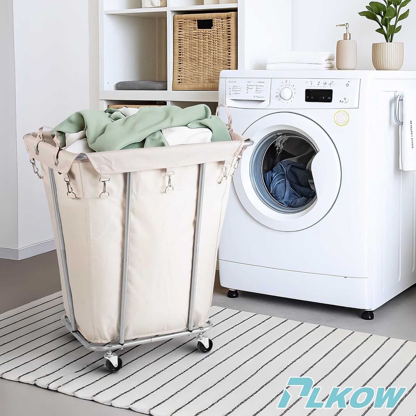 PLKOW Laundry Basket with Wheels 120L Heavy-Duty Laundry Cart with Removable Waterproof Bag, Metal Frame Clothes Basket with Lockable Casters for Home, Laundry Room, Hotel, Beige