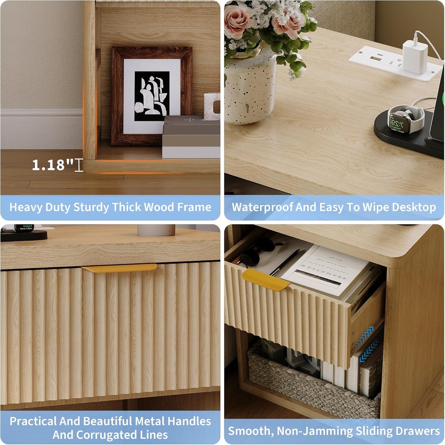 Fluted Nightstand with Charging Station, Bedside Table with Drawers and Open Storage Space, Metal Handles and Rounded Corners for Safety, Mid Century Modern End Table, for Bedroom, Living Room Sofa
