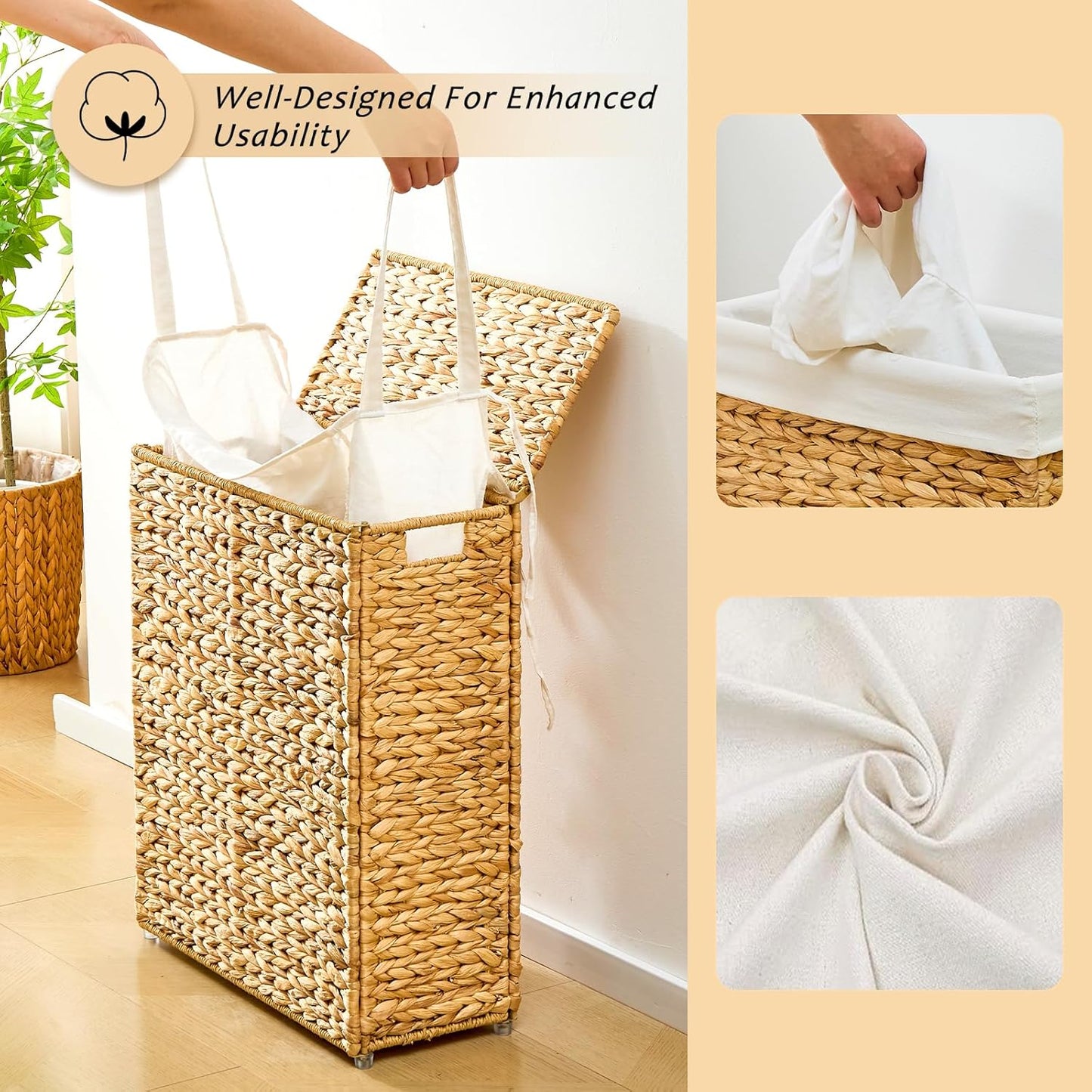 Handwoven Slim Laundry Hamper with Lid, 75L Natural Water Hyacinth Basket and Handles, Narrow Wicker Laundry Basket with Removable Liner Bag & 2 Mesh Bags