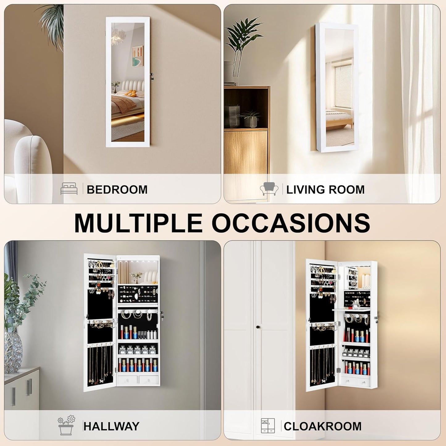 Mirror Jewelry Organizer, Wall/Door Mounted Jewelry Armoire with Full-Length Mirror,Hanging Jewelry Cabinet with LED Interior Lights, White