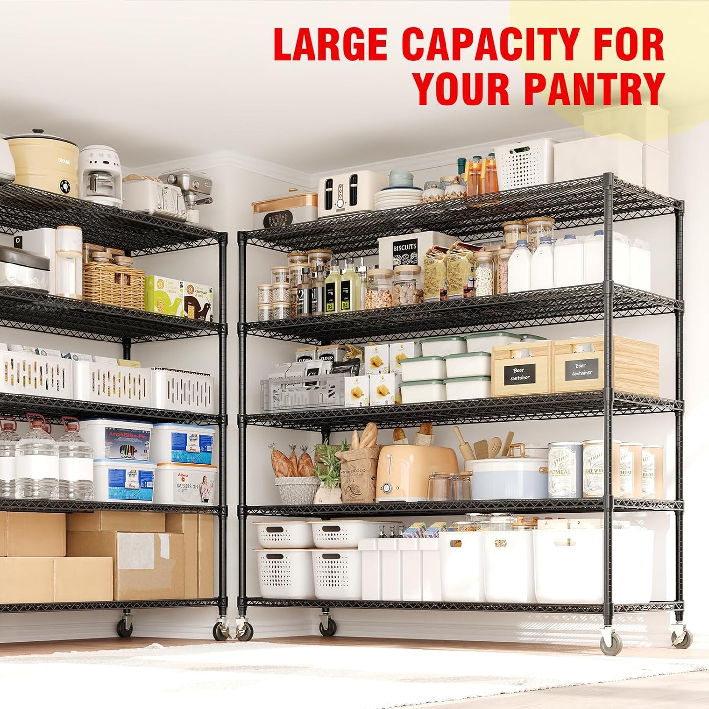 82" H Storage Shelves 3300LBS Heavy Duty Shelving Unit with Wheels & Feet, 5-Tiers Garage Shelving for Pantry Garage Kitchen Home Commercia, 82.6" H x 59" W x 23.9" D