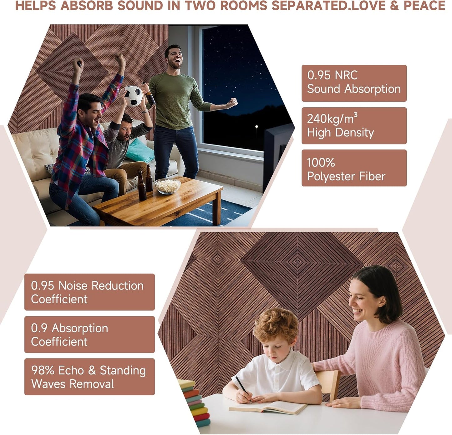 TO-TH Acoustic Panels for Wall and Ceiling - 6 Pack 2'x2'x0.4",Self-Adhesive 3D UV Printing Decorative Wall Panels with Wood Look,Red Sandalwood