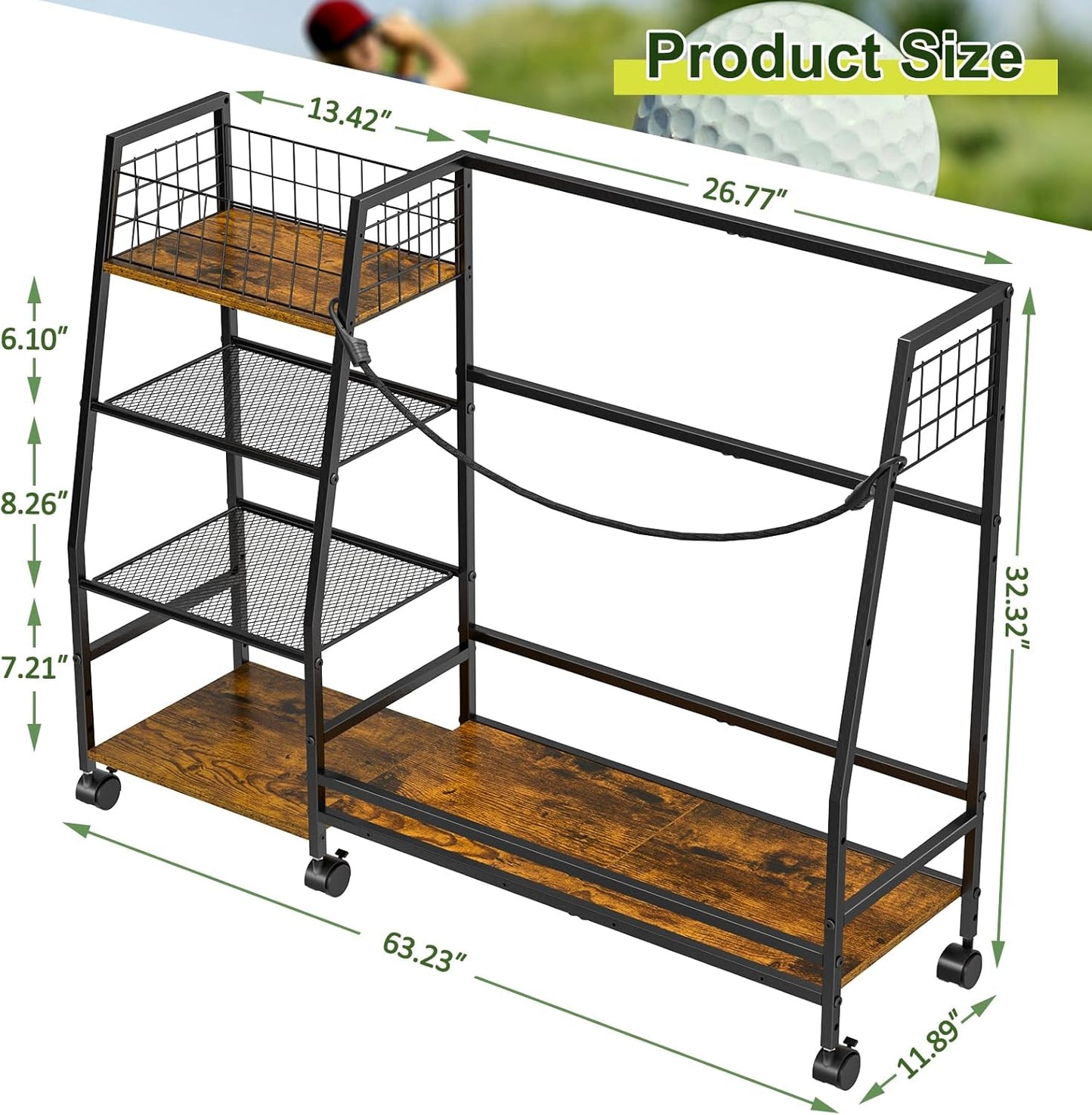 Golf Bag Storage Rack for Garage with Wheels, Organizer for Golf Bag and Equipment Accessories, Golf Organizer Stand Ideal for Home, Garage, Club, Shed, Basement - Sturdy and Durable (Black)
