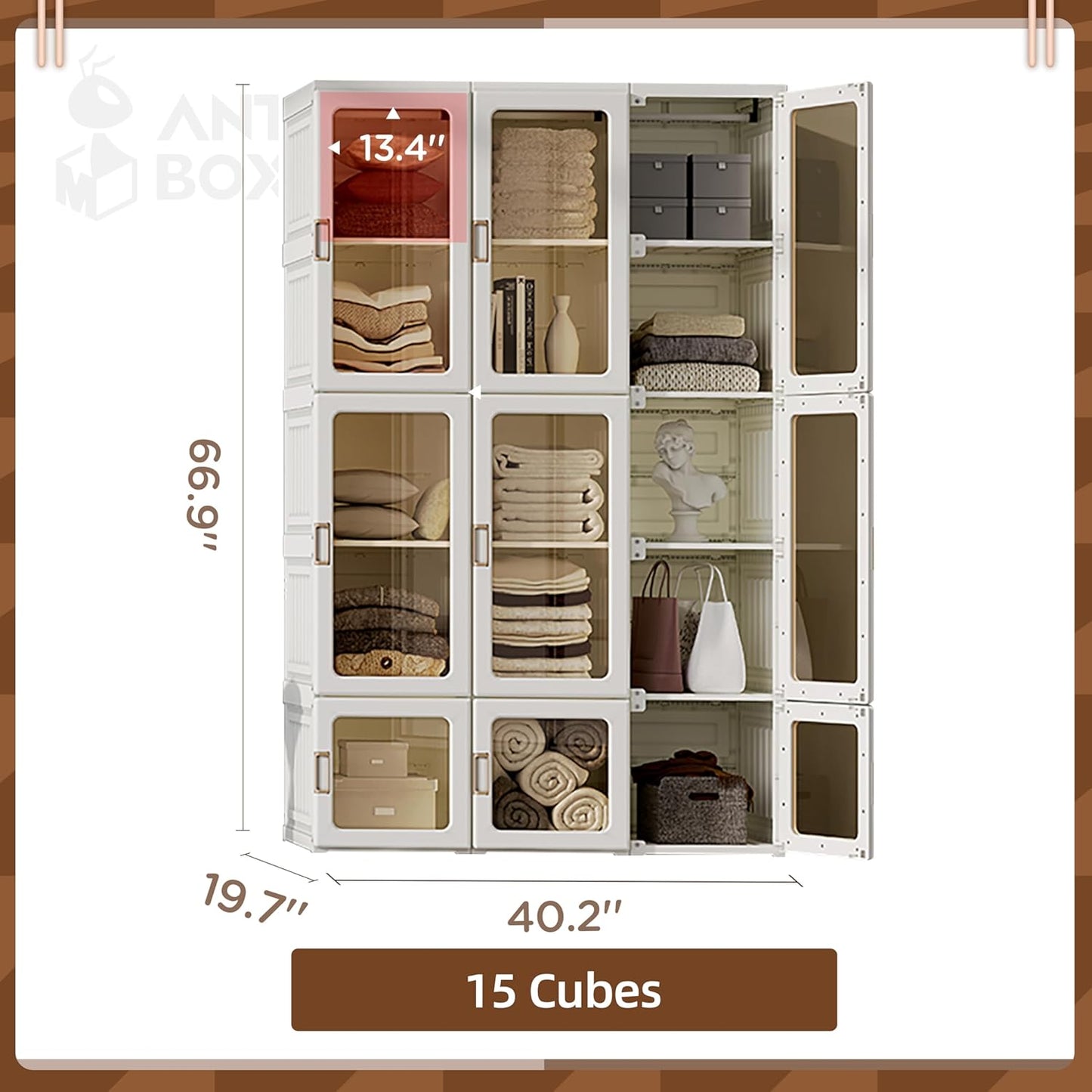 ANTBOX Portable Wardrobe Closet Storage Organizer for Clothes,Transparent Door Panels,Suitable for Living Room, Bedroom,Plastic Wardrobe with Magnetic Door and Easy Assembly 15 Cubes