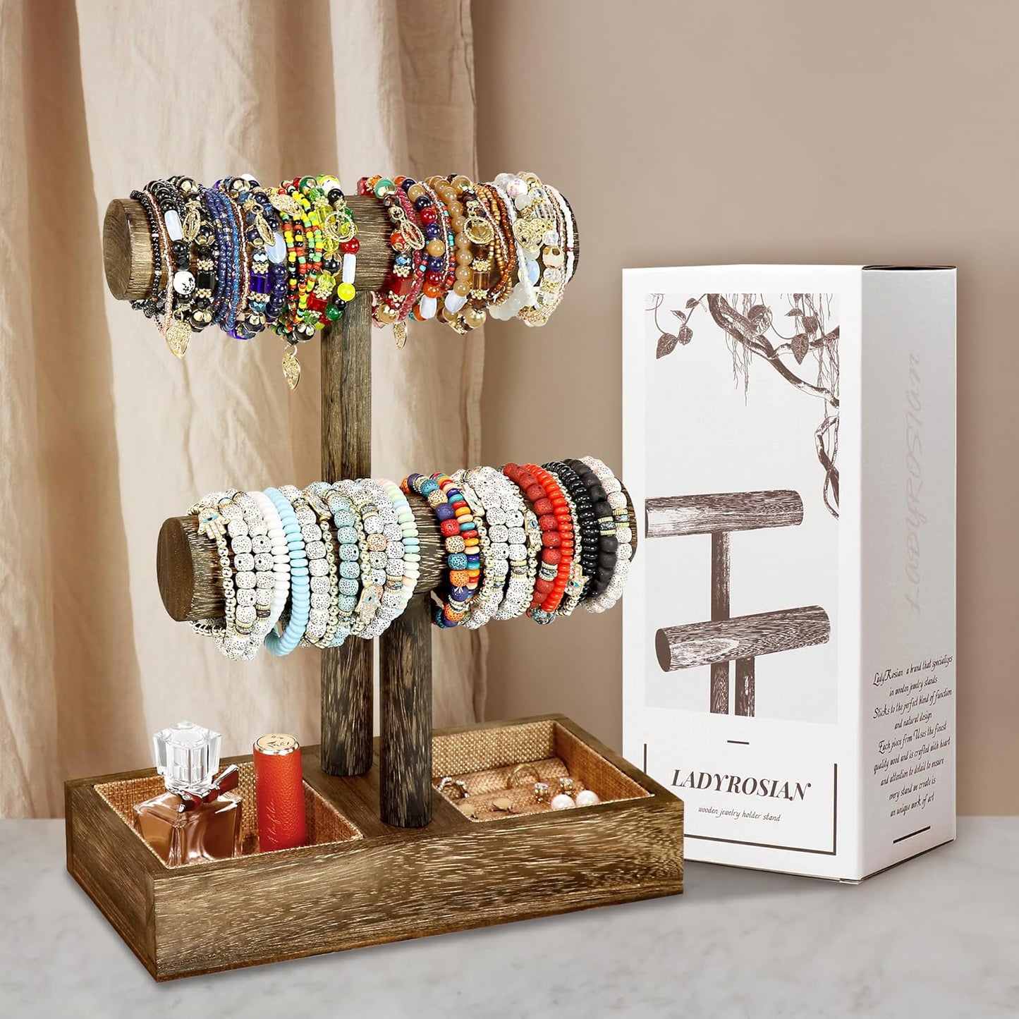 LadyRosian 2 Tier Wooden Display Jewelry Accessory Stand Jewelry Bracelet Holder Bangle Watch Necklace Storage Jewelry Box Organizer, (Brown-2 layers)