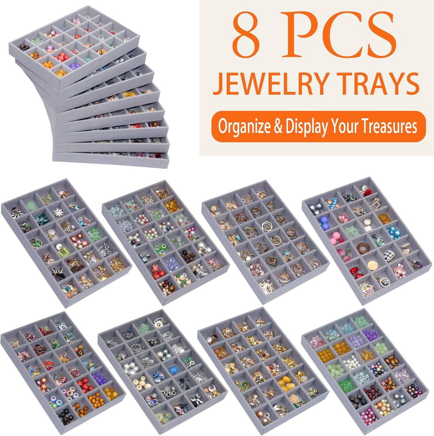 Stackable Jewelry Organizer Tray 24-Grid Velvet Jewelry Drawer Inserts Earring Organizer for Women Jewelry Display Box Case for Earring Rings Stud Necklaces (Set of 8, Grey