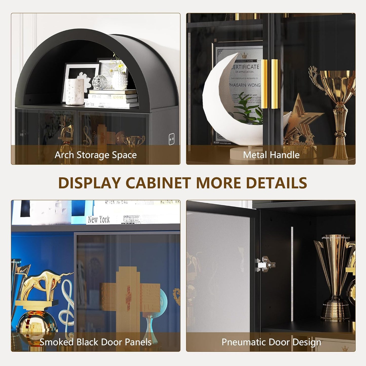 Arch Display Cabinet with Doors and Adjustable Shelves, 76" Tall Curio Cabinet with LED Lights/Storage Space, 6 Tier Display Case Bookcase for Collectibles Bedroom Living Room Office, Black