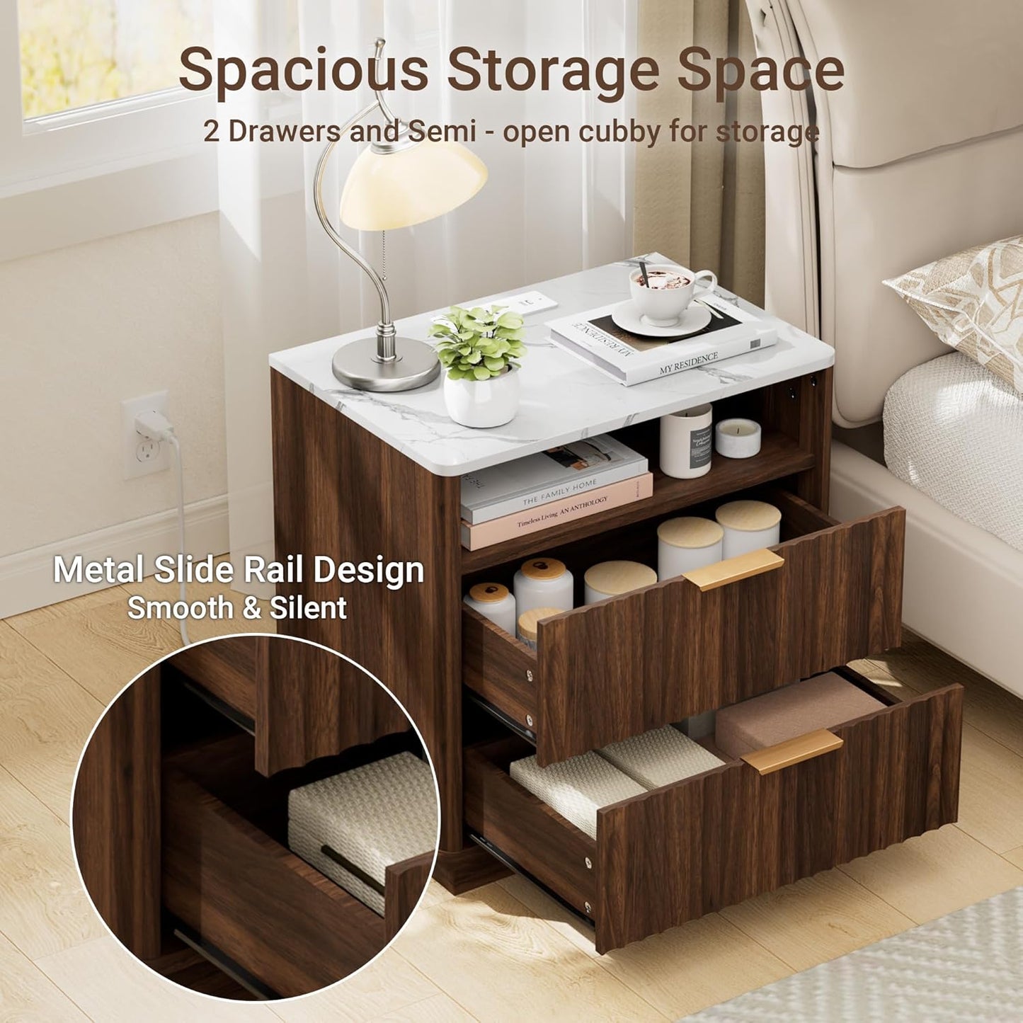 Large Fluted Night Stand Set of 2 with Charging Station, 23" Modern End Table with Faux Marble Top, 2 Drawers Side Table with Storage, Nightstand for Bedroom, Curved Profile Design (Walnut)