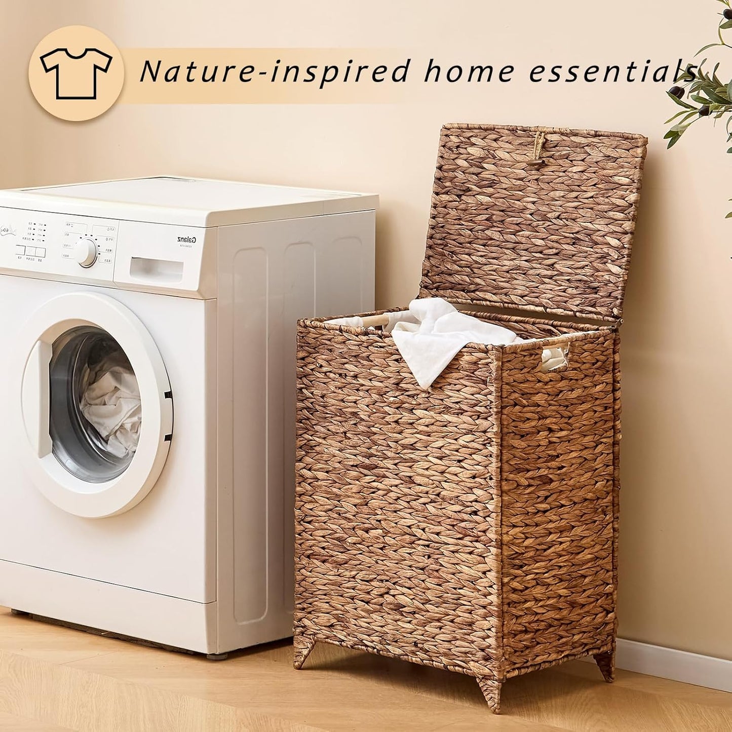 Large Laundry Hamper with Lid, Handwoven Hyacinth Rattan Clothes Hamper with Removable Liner Bag, Heightened Feet Wicker Laundry Basket for Bathroom, Bedroom, Living Room and Laundry