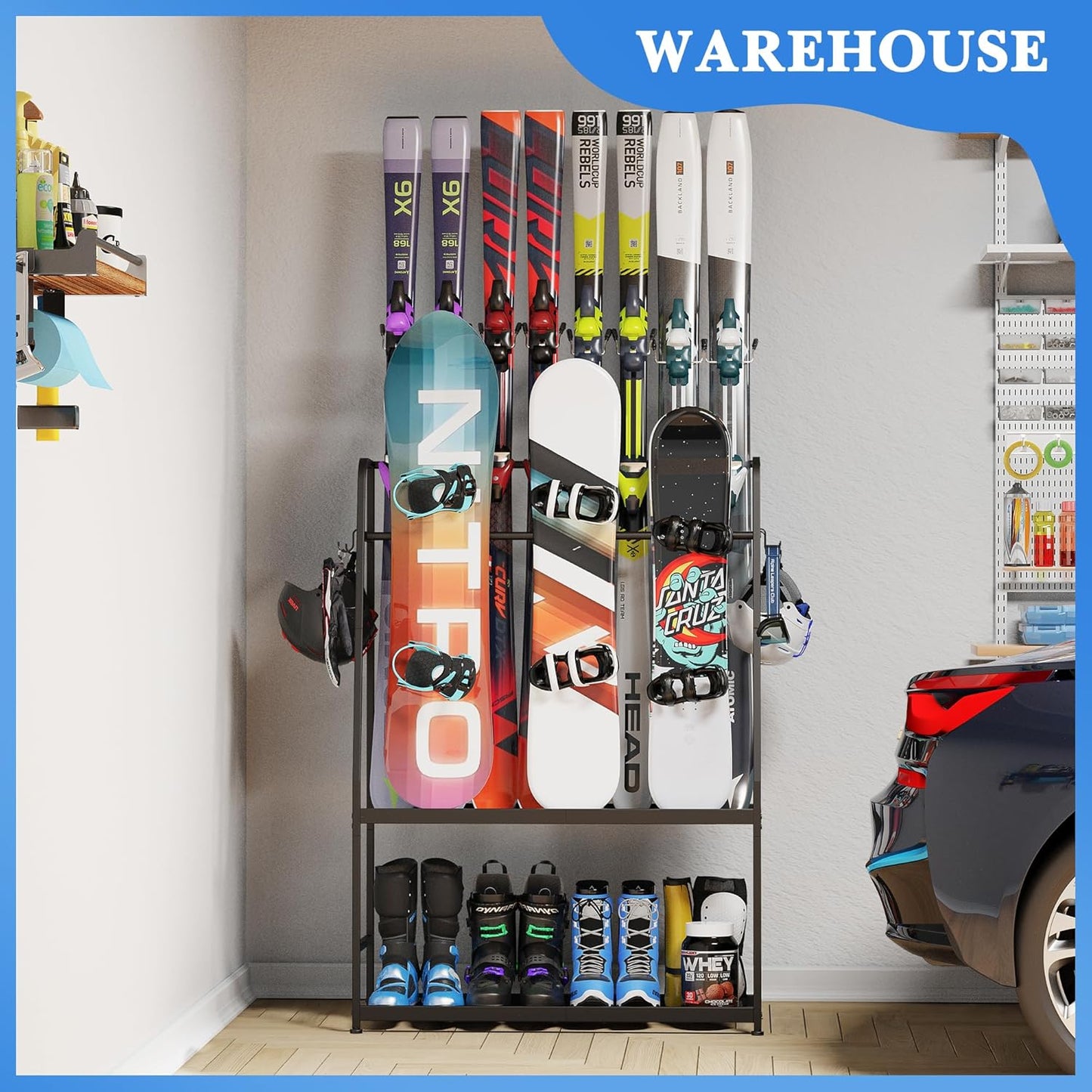 Ski Rack for Garage,Freestanding Snowboard Rack for Ski,Snowboard, Ski Boot, Ski Poles, Goggles, Helmet and More, Heavy Duty Steel Floor Stand Ski Organizer for Garage Basement
