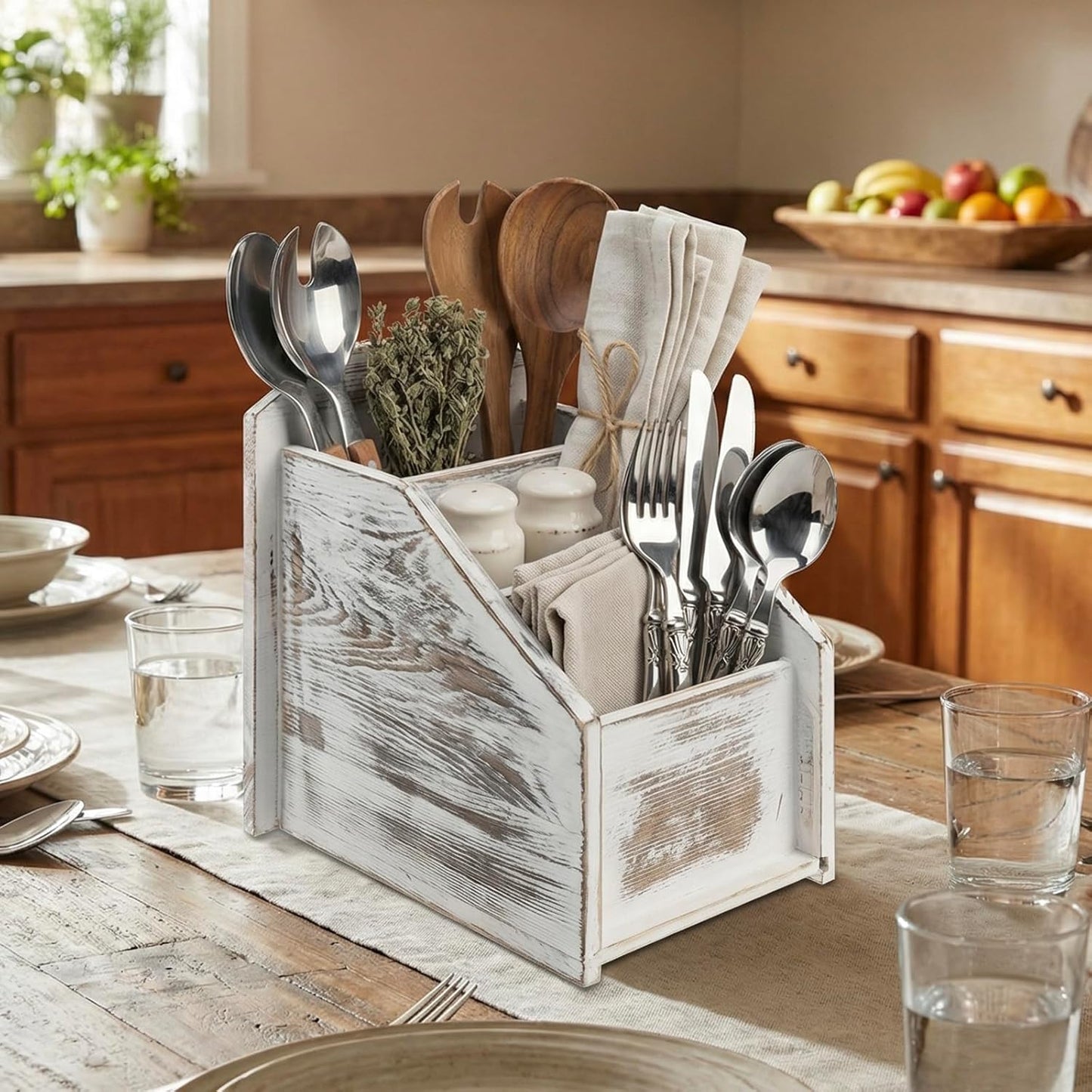 MyGift TV Remote Control Holder, Modern Farmhouse Decor, Whitewashed Wood Media Remote Caddy/Organizer/Storage Box with 3 Compartments, for Living Room, Coffee Table