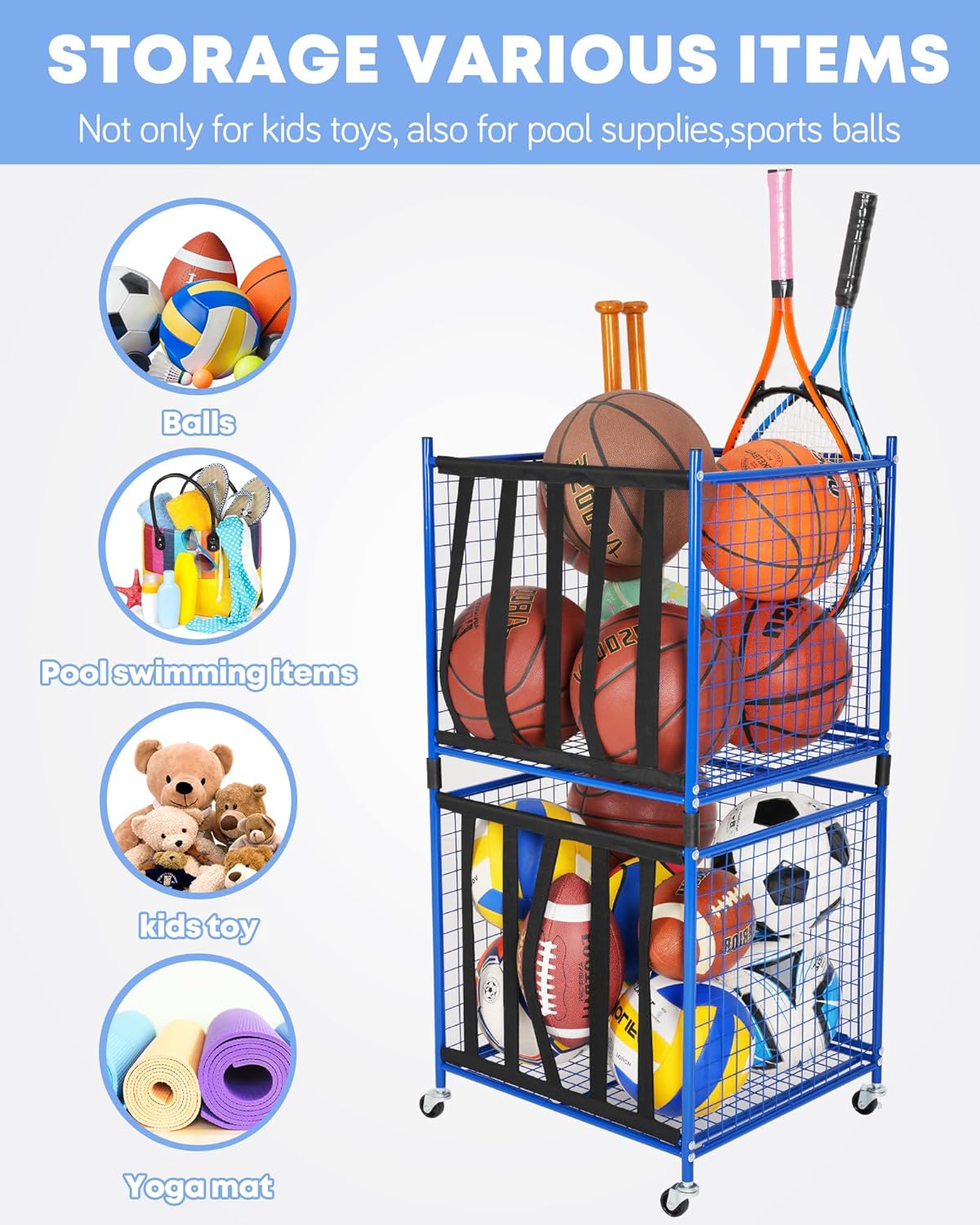 Mythinglogic Rolling Sports Ball Storage Cart, Sports Lockable Ball Storage Locker with Elastic Straps, Stackable Ball Cage for Garage Storage Garage Organizer