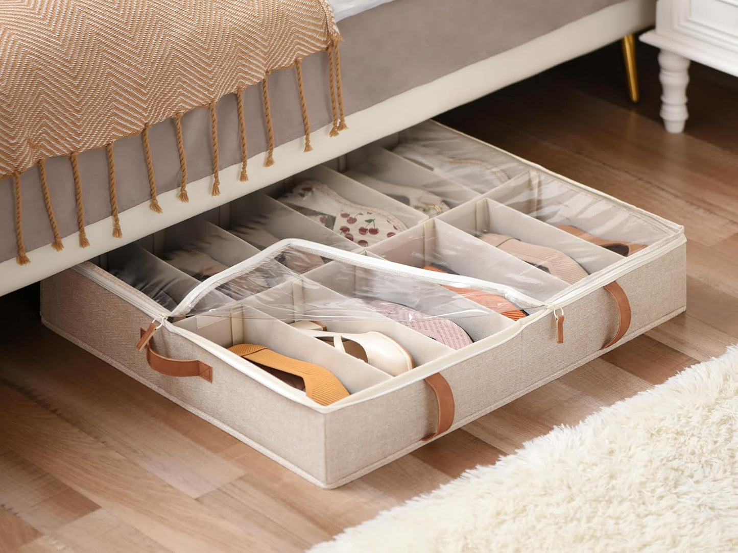 StorageWorks Shoe Organizer for Closet, Fits up to 24 Pairs, 2-Pack Ultra-thick Fabric Under Bed Shoe Storage Containers with Bottom Support and Adjustable Dividers, Taupe