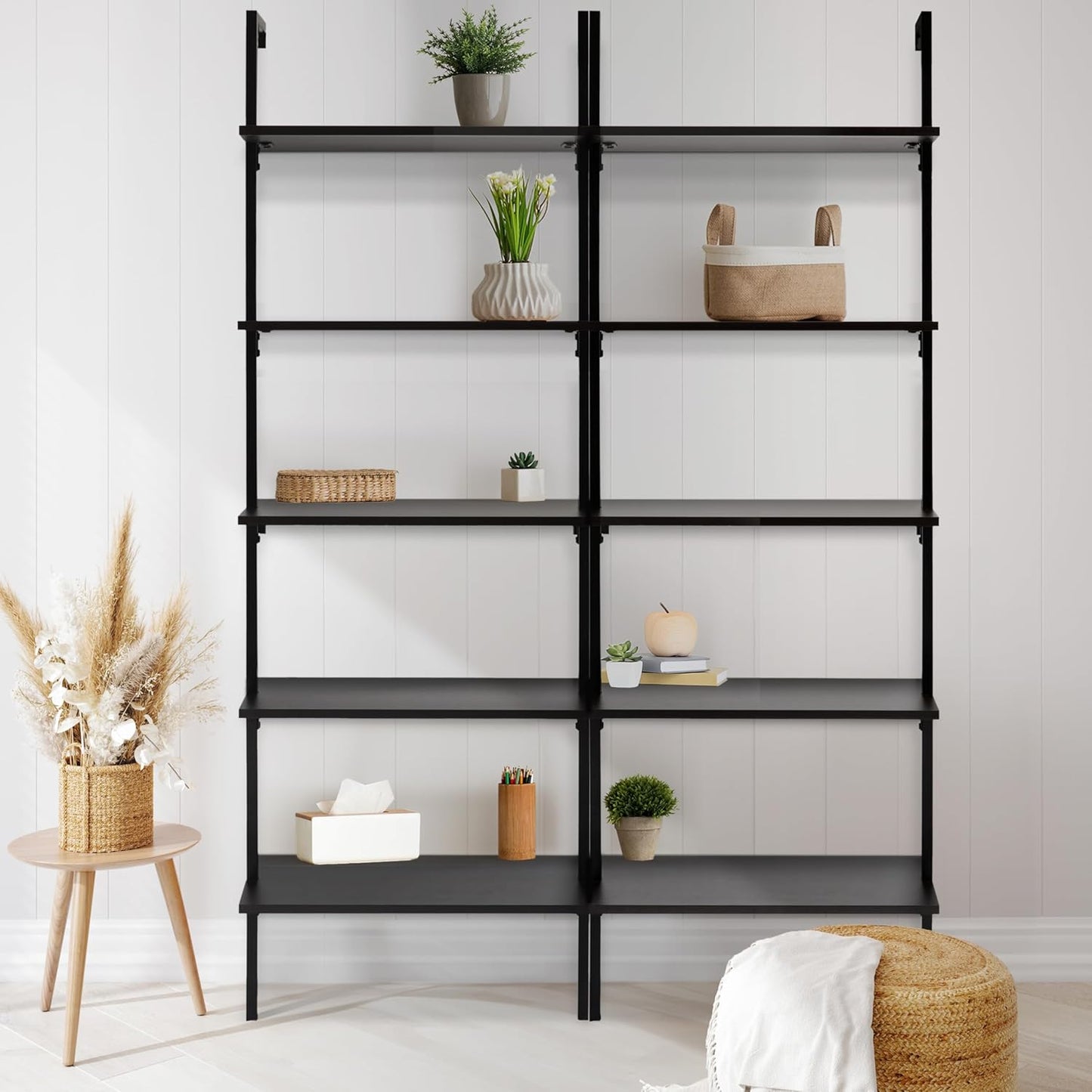 happimess MSH1001A Madera 72.05" Classic Industrial 5-Shelf Wood Wall-Mounted Open Ladder Bookcase with Metal Frame, Black