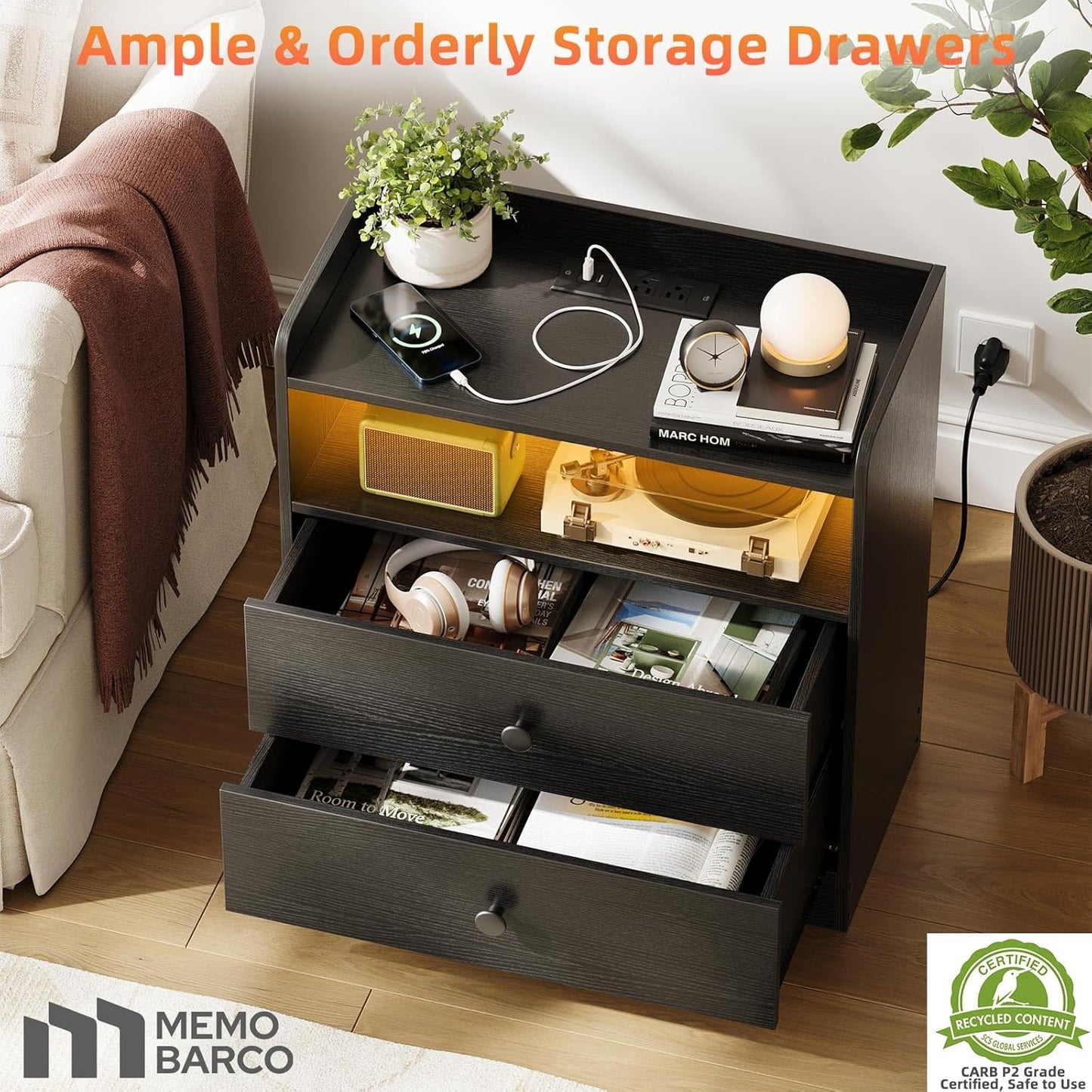 Nightstand with Charging Station and LED Light,Modern Nightstand with USB Ports and Outlets,Wooden Bedside Tables with 2 Storage Drawers,Small Dresser for Bedroom Small Space,Black