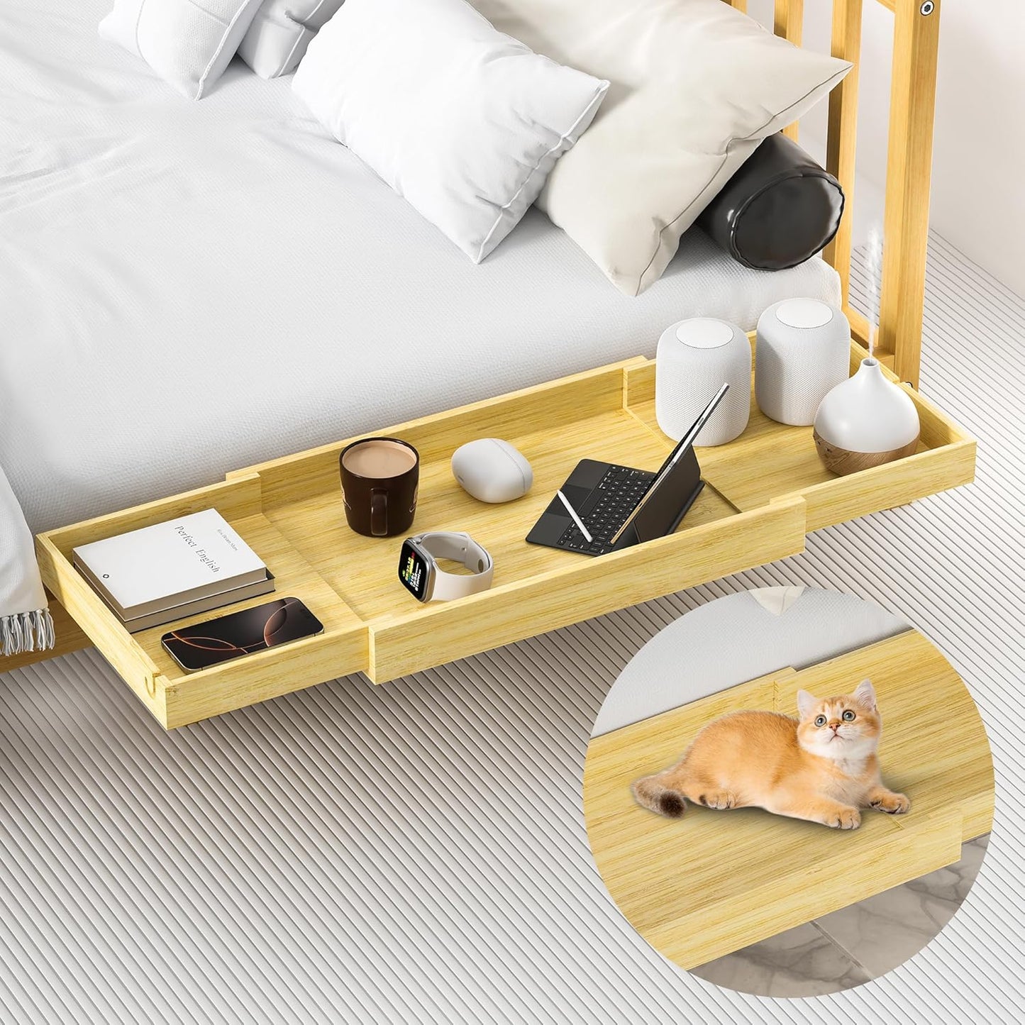 MinBoo Expandable Nightstand Shelf Bamboo College Caddy for Top Bunk Clip Bedside Shelf Floating Bed Side Table Tray Storage Dorm Room Decor College