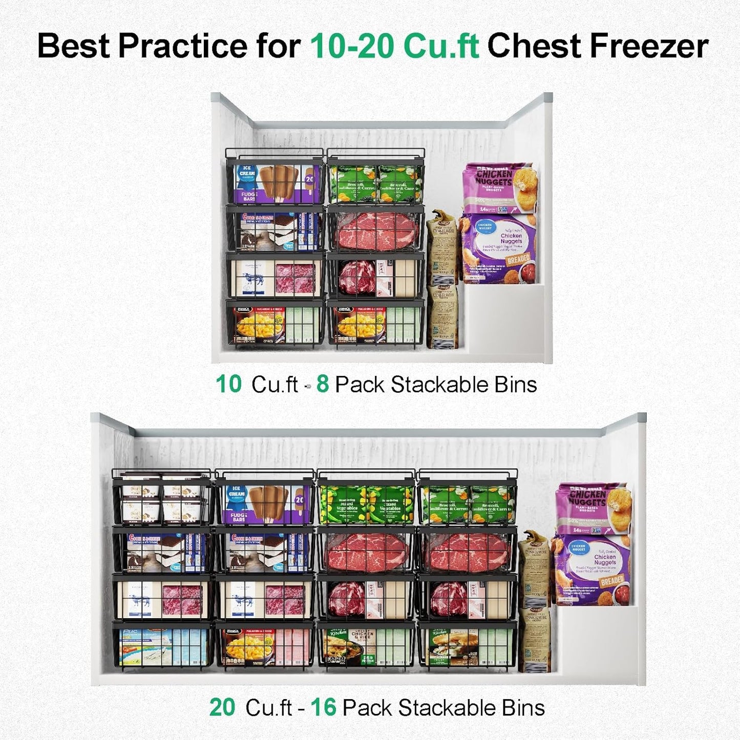 iSPECLE Chest Freezer Organizer Bins - Fit 10 to 20 Cu.FT Deep Freezer, 6 Pack Large Expandable Stackable Bins Sort Frozen Food Easy to Get Food from Bottom without Digging, Better Ventilation, Black