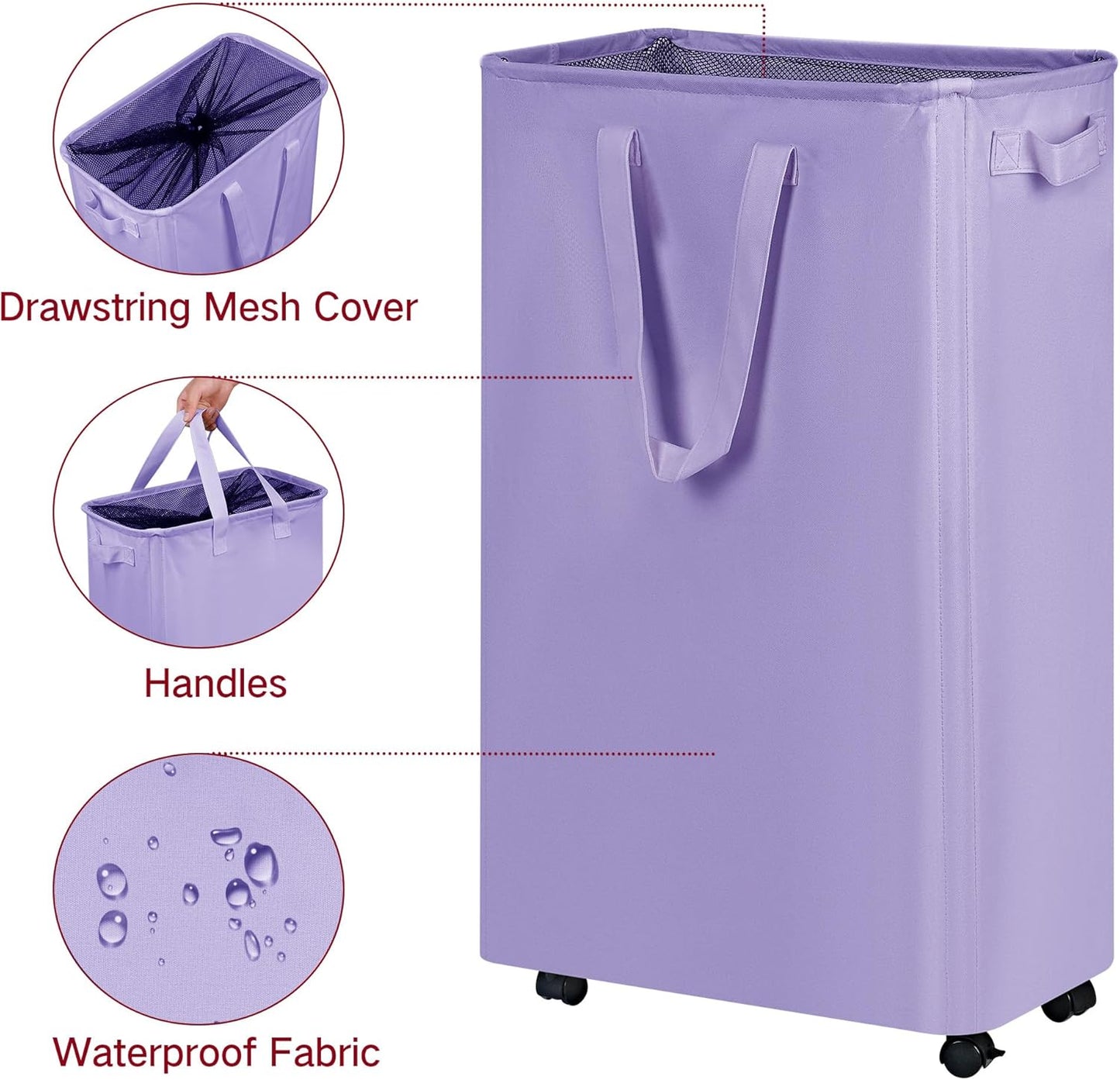 efluky Slim Laundry Hamper with Wheels, Rolling Laundry Basket for Clothes, Small Laundry Basket for Bedroom, Dorm and Laundry Room, 75L (19.8 Gallons) Purple