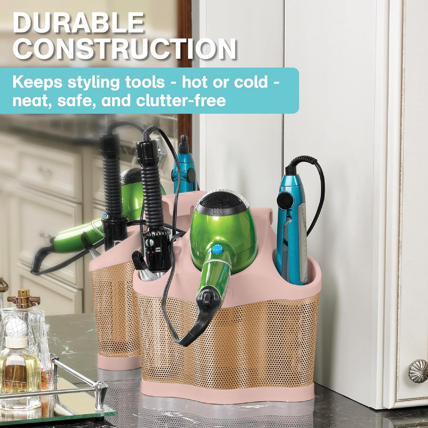 Polder Style Station, Hair Tool Organizer for Hair Dryer, Curling Iron, and Hair Straightener, Easy-to-Store Hair Styling Station, Blush and Bronze