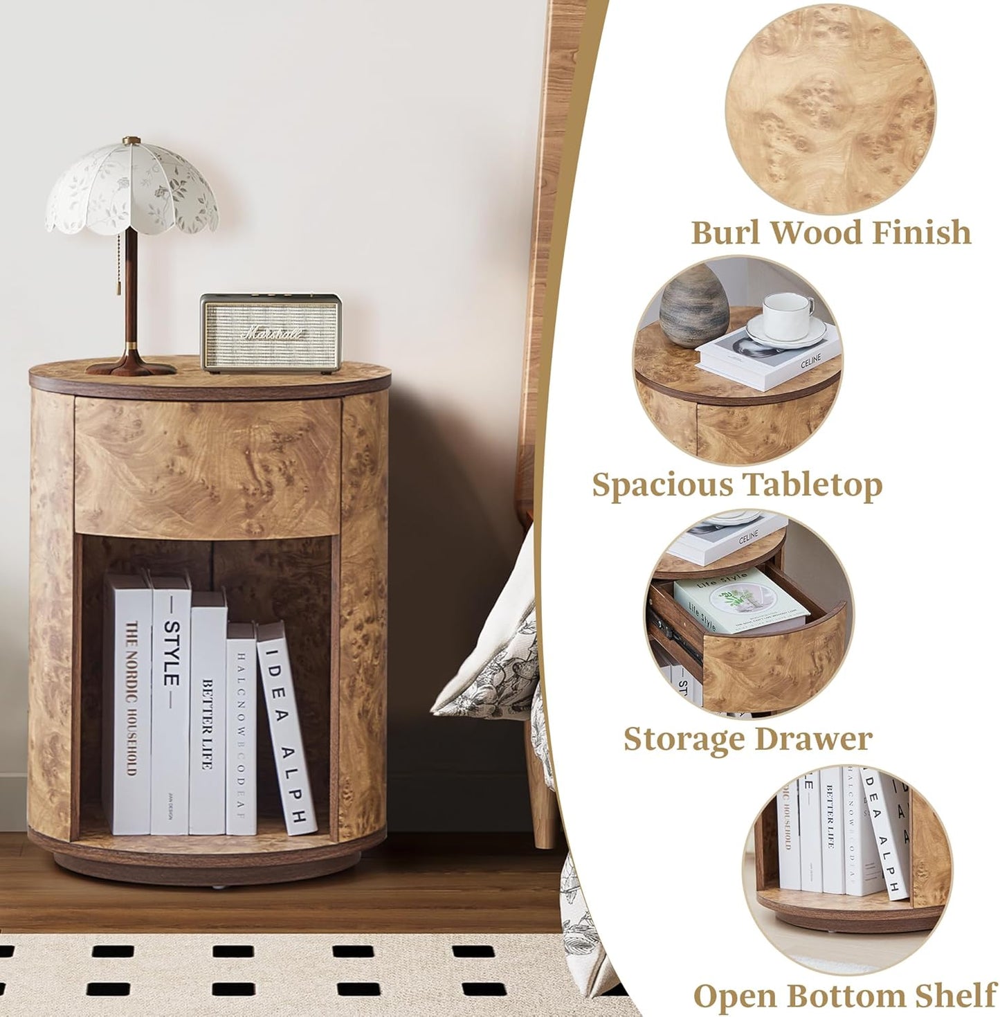 Side Table with Drawer, Round Bedside Table with Open Shelf, Farmhouse Burl Wood Nightstand Accent Table for Living Room, Bedroom (Walnut, 1-Pack)