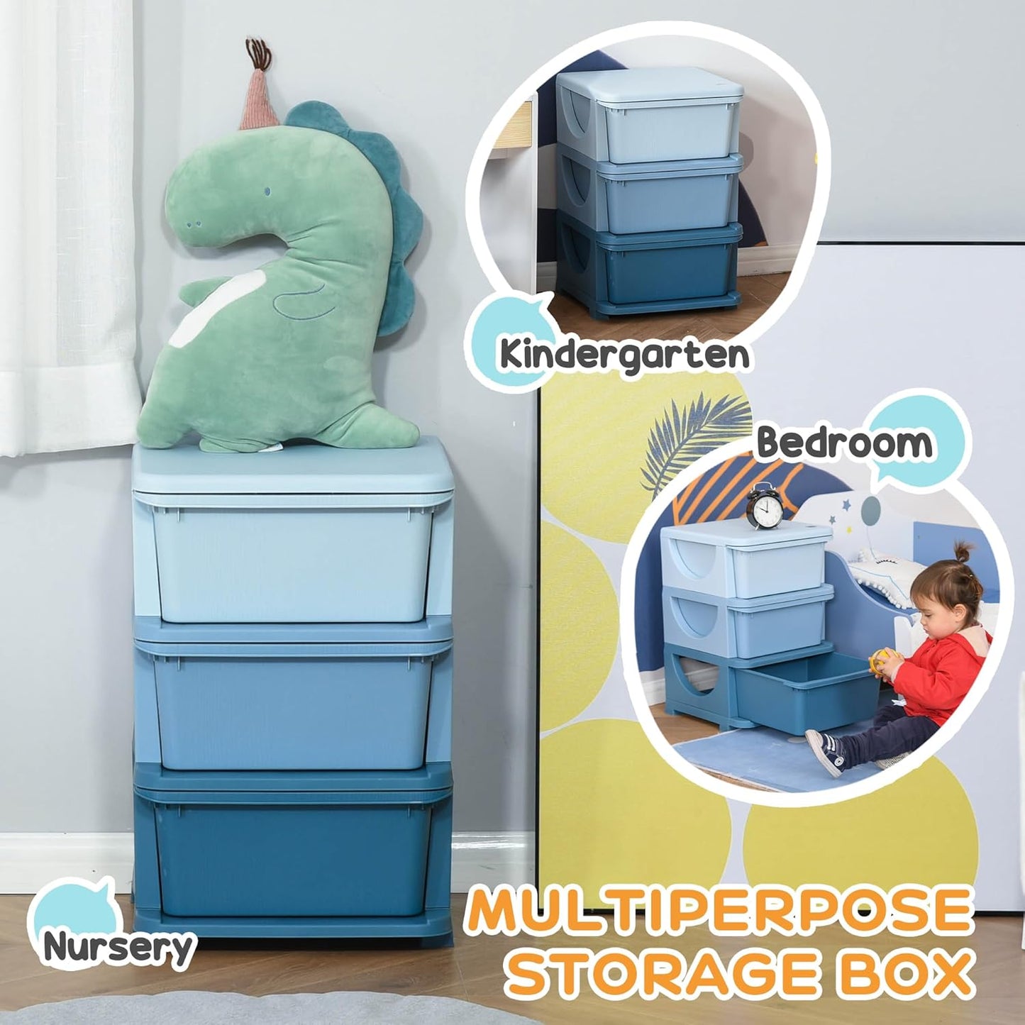 Qaba 3 Tier Kids Storage Unit, 3 Drawer Chest Toy Organizer Plastic Bins for Kids Bedroom Nursery Kindergarten Living Room for Boys Girls Toddlers, Blue