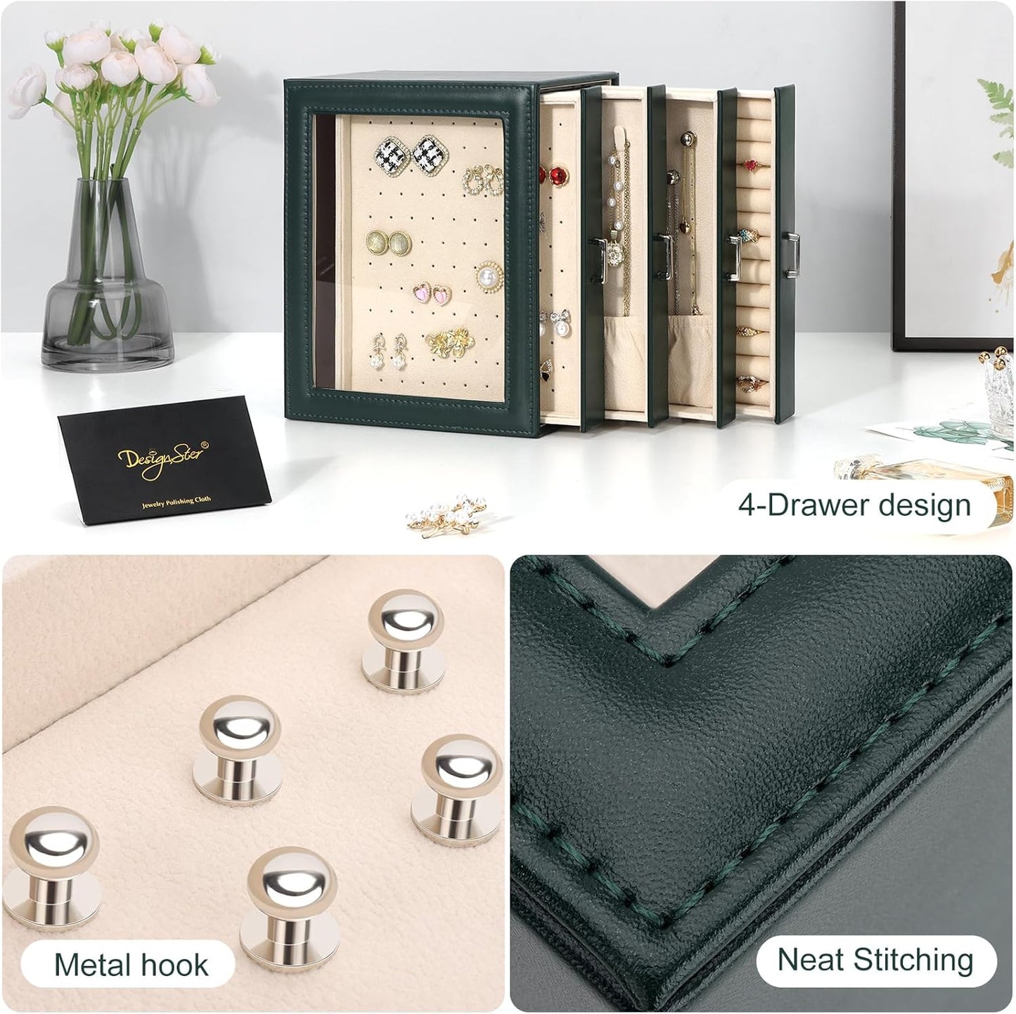 DesignSter Jewelry Box Organizer, Jewelry Box for Women, PU Jewelry Organizer Display Case with Side Drawers, Jewelry Storage for Earring Necklace Ring Bracelet Watch