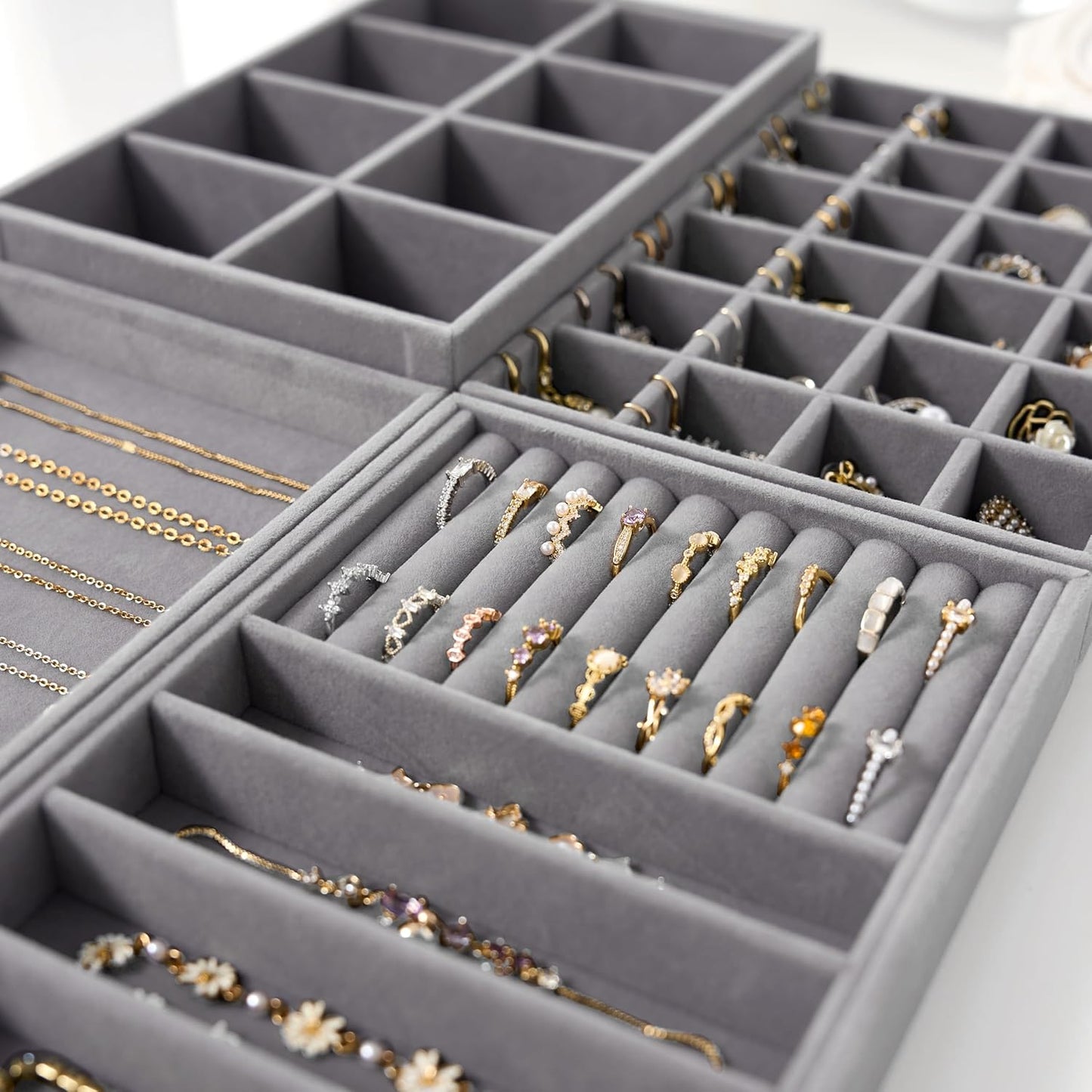 Velvet Jewelry Drawer Organizer Trays – Grey Stackable Jewelry Storage Inserts Set, 4-Layer Jewelry Tray Set for Earrings, Rings, Necklaces, Bracelets with Removable Dividers for Dresser & Vanity