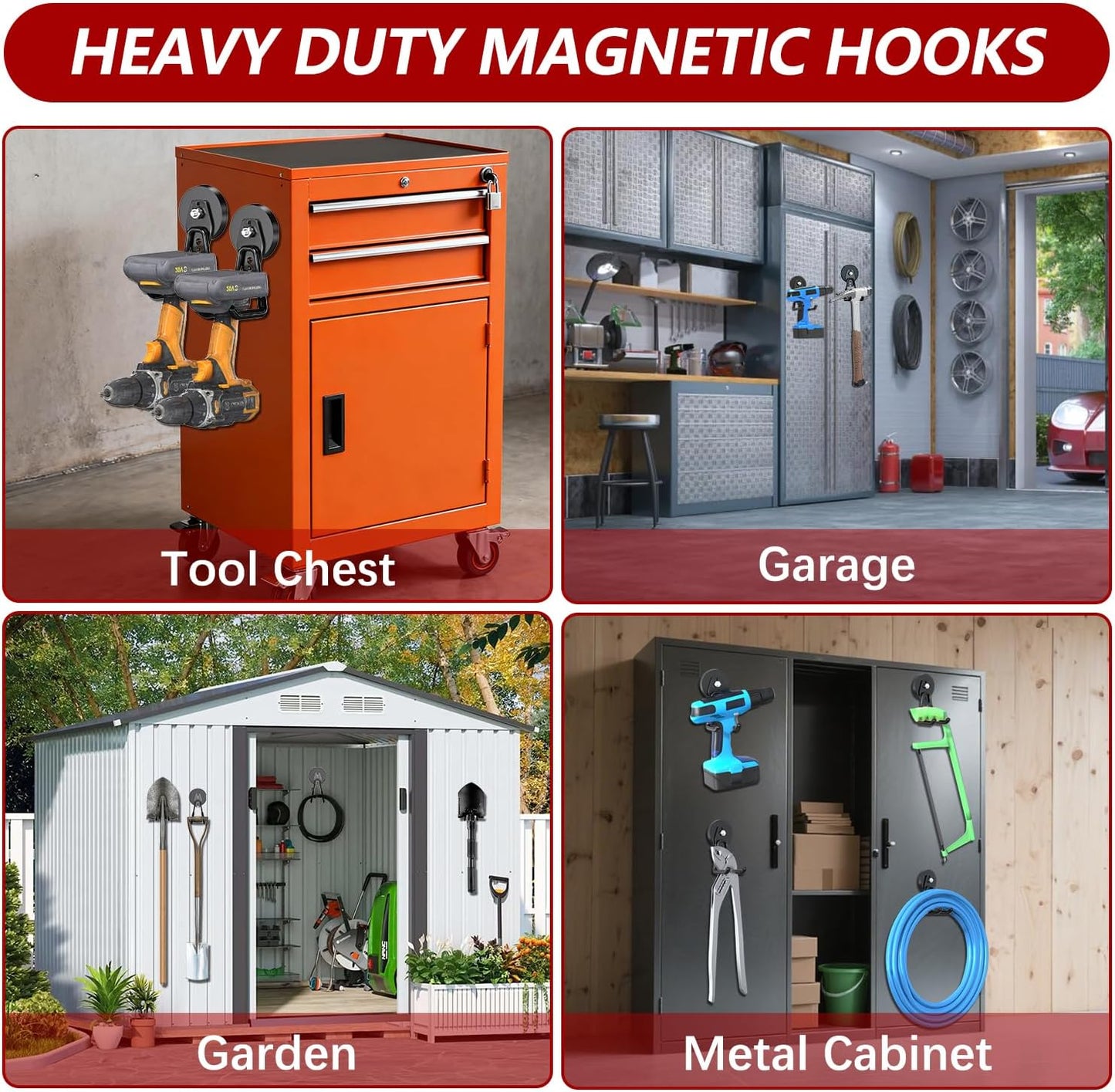 3-H Heavy Duty Magnet Garage Hooks 4 Pack, Large Strong Magnetic Hooks for Hanging Cordless Power Drill, Utility Magnetic Tool Holder for Metal Cabinet, Steel Pegboard, Toolbox, Garage(Black)