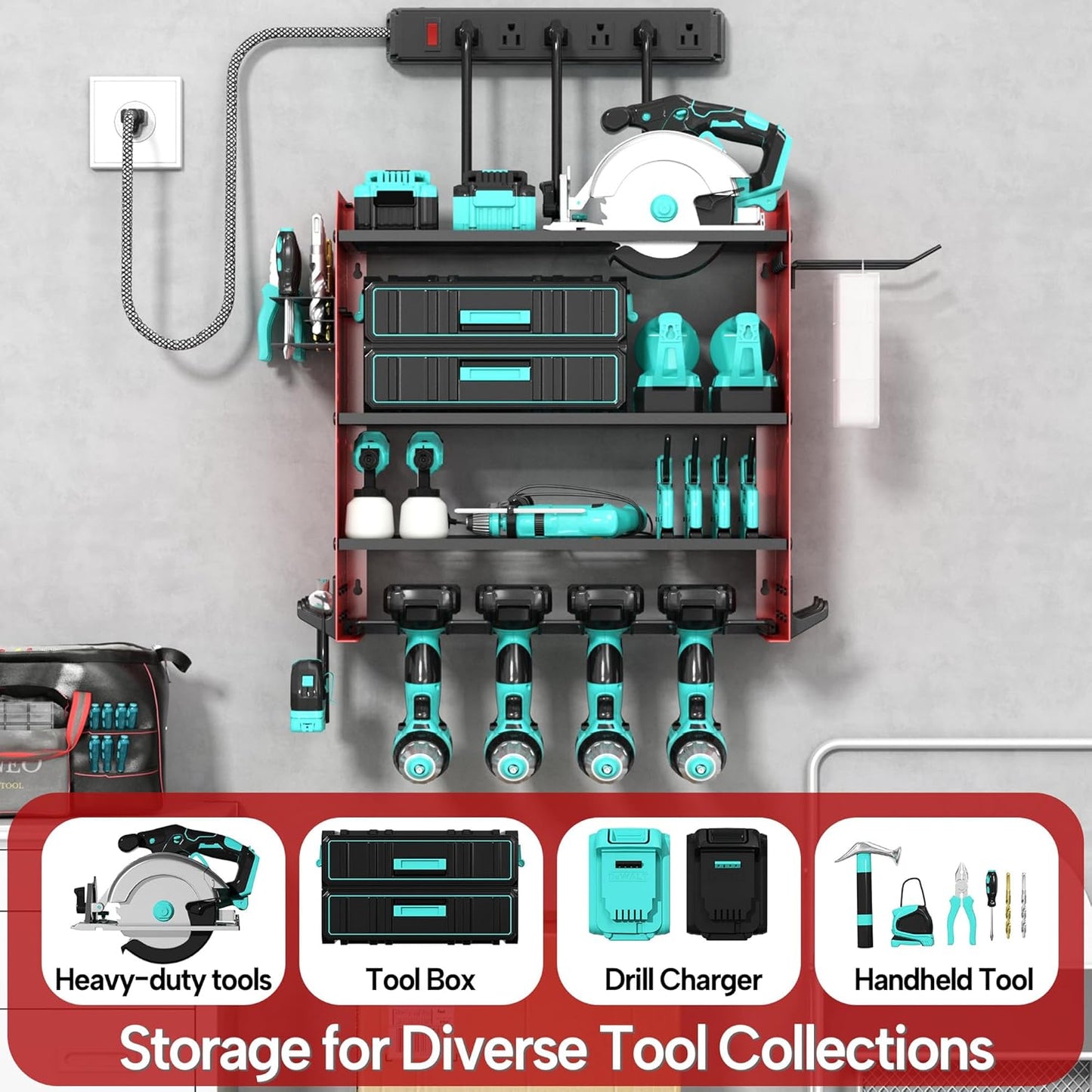 4 Layer Heavy Duty Power Tool Organizer Wall Mount with Charging Station, Adjustable Metal Storage Rack, 6 Outlets Power Strip, Drill Holders, Hooks & Drill Bit Rack for Garage, Workshop, Red