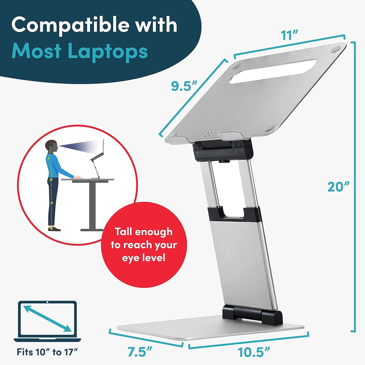 Laptop Stand for Desk, Ergonomic Sit to Stand Laptop Holder Convertor, Adjustable Height from 2.1" to 13.8", Supports up to 22lbs, Compatible with MacBook, All Laptops Tablets 11-17" - Silver