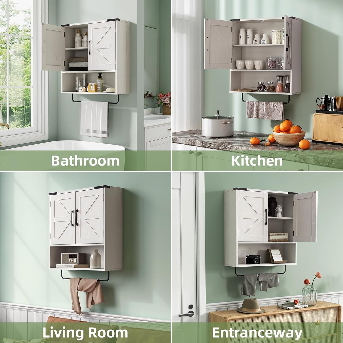 Bathroom Wall Cabinet Over Toilet 24x24 Inch Farmhouse Medicine Cabinet with Towel Bar, 2 Door, Motion Sensor Light & Adjustable Shelves, White Above Toilet Storage for Laundry or Kitchen