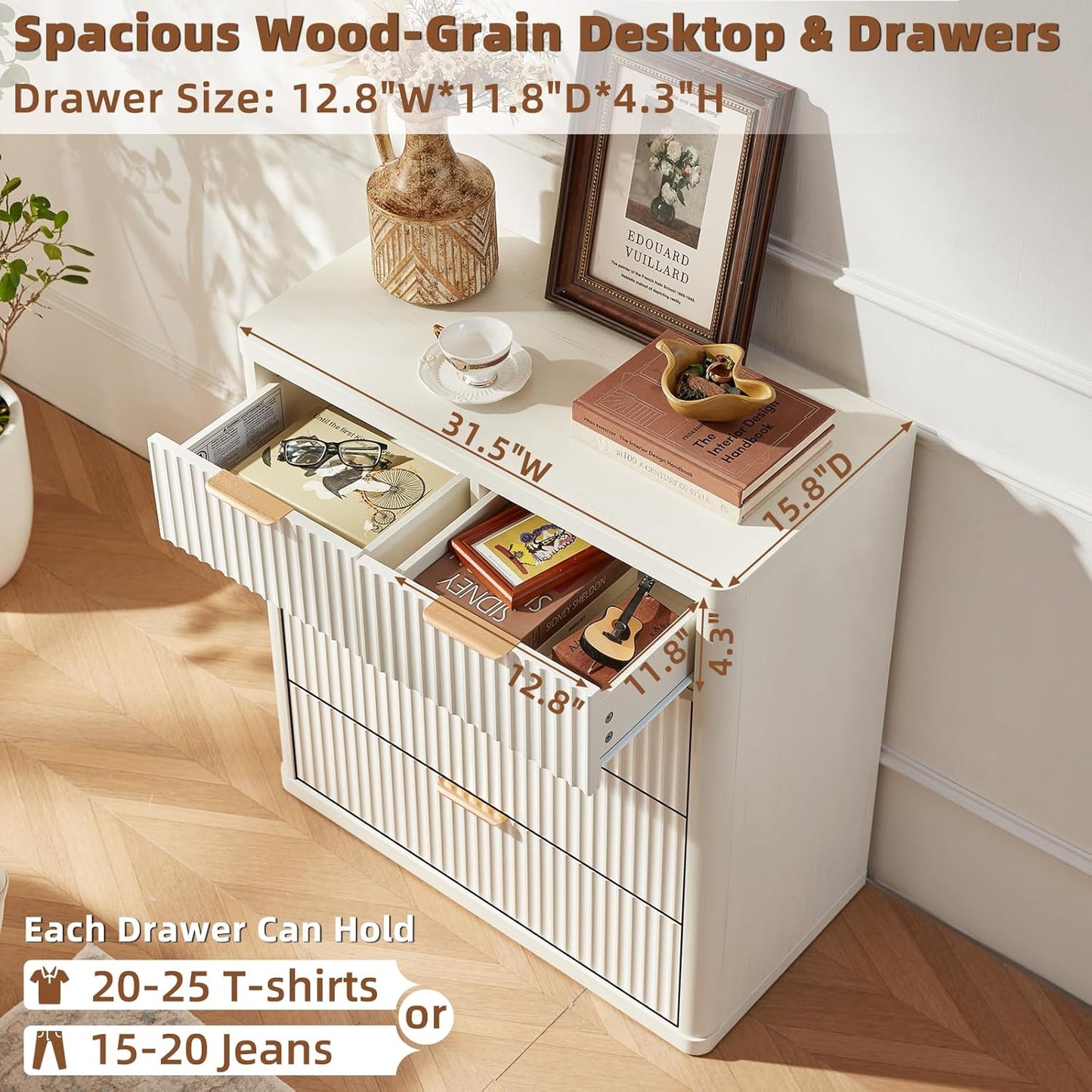 LEYAOYAO Fluted 5 Drawers Dresser for Bedroom Set of 2, 34" Tall Modern Chest of Drawers with Metal Handle, Curved Profile Design,White Wood Drawer Organizer for Bedroom, Living Room, Hallway