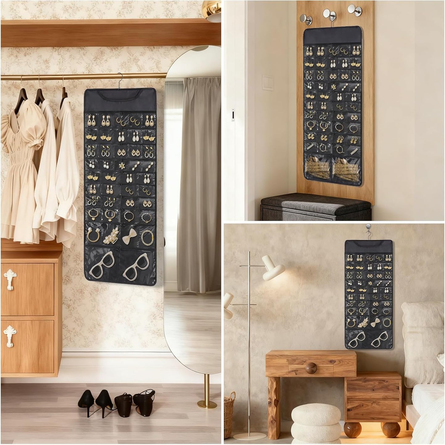FOREGOER Hanging Jewelry Organizer with 88 Zippered Pockets, Dustproof Foldable for Travel, Accessories Organizer for Holding Jewelries, Earring Organizers and Storage (Black)