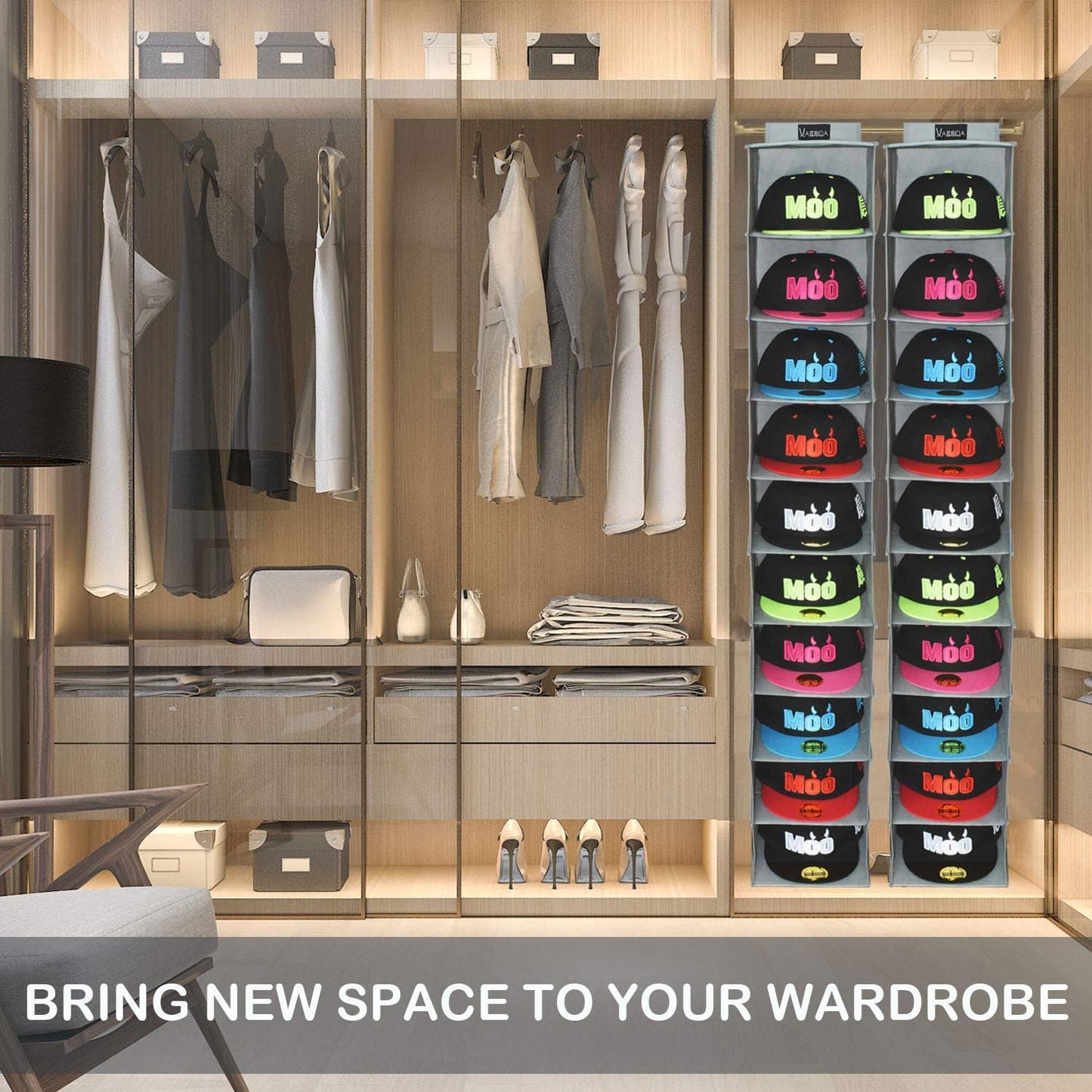 VAESIDA 10 Shelf Hat Rack Hanging Closet/Organizer for Storage - Best Baseball Cap Holder, Gray