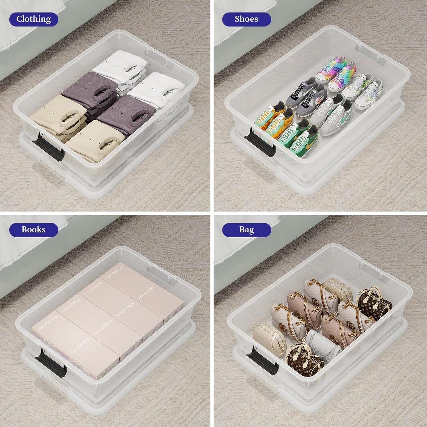 3-Pack Clear Plastic Underbed Storage Bins with Lids & Wheels, Rolling Under Bed Shoe Storage Containers, 25 Qt