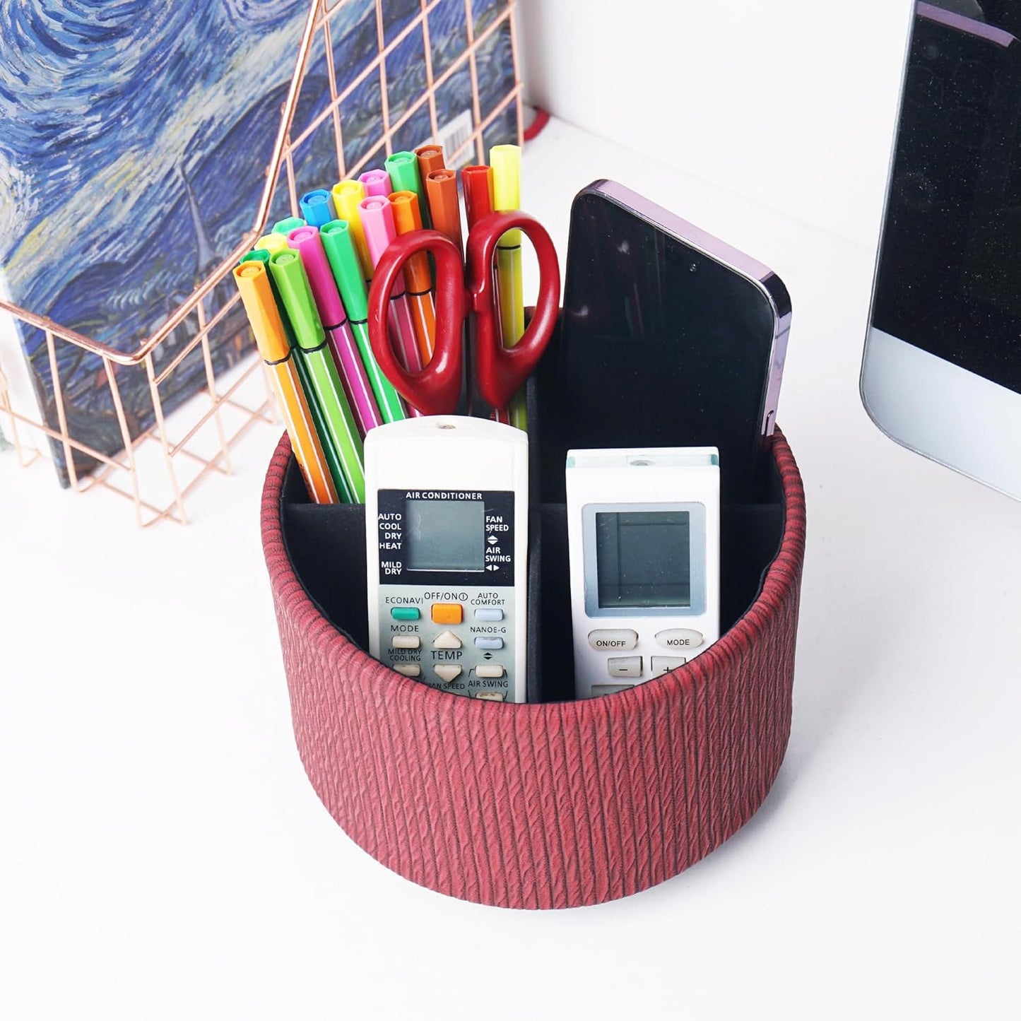 Round Leather Art Supply Organizer,Remote Control Holder,360 Degree Spinning,Multi-Functional Pencil Holder,4 Compartments Desktop Stationary Organizer(1-Wood Red)