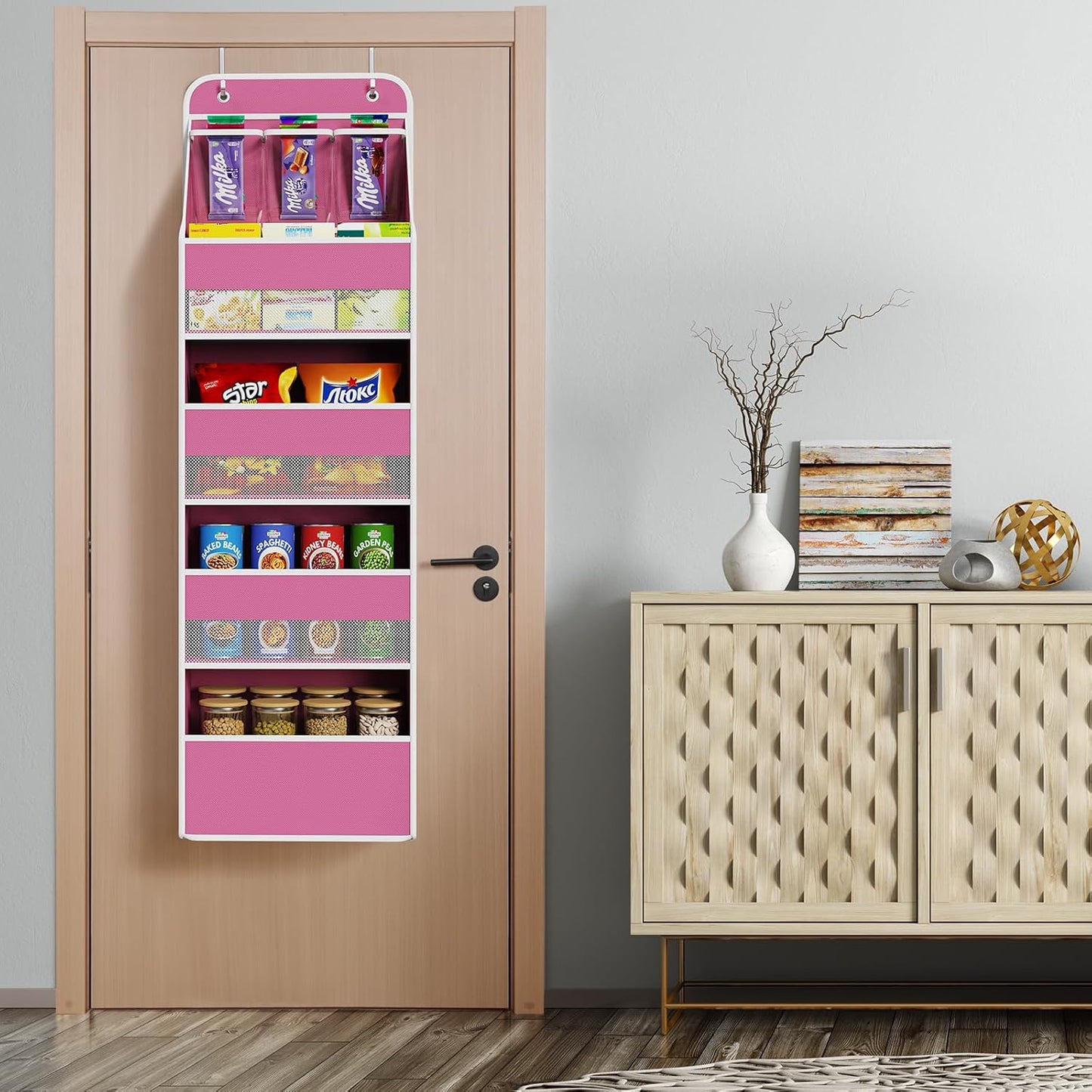 Univivi 5-Shelf Fabric Door Storage Over Door Hanging Organizer with 4 Large Pockets and 3 Small PVC Pockets Nursery Closet Cabinet Wall Mount Hanging Storage Organizers for Baby Nursery (Pink)
