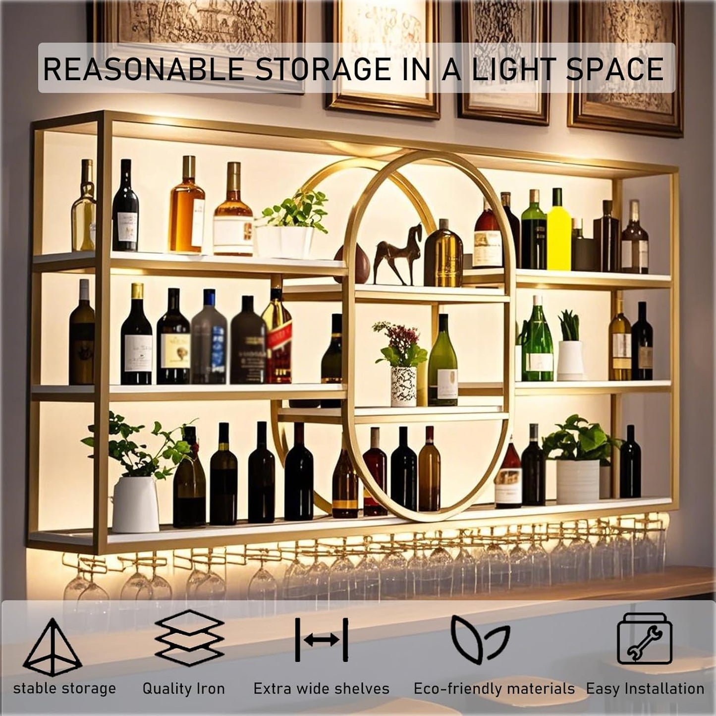 Large Wall Mount Wine Rack, Metal 4 Tier Large Capacity Hanging Bar Rack with Wine Glass Holder, Oval Wine Bottle Storage Display Rack for Kitchen, Living Room, Home (Gold, 160cm/63in)