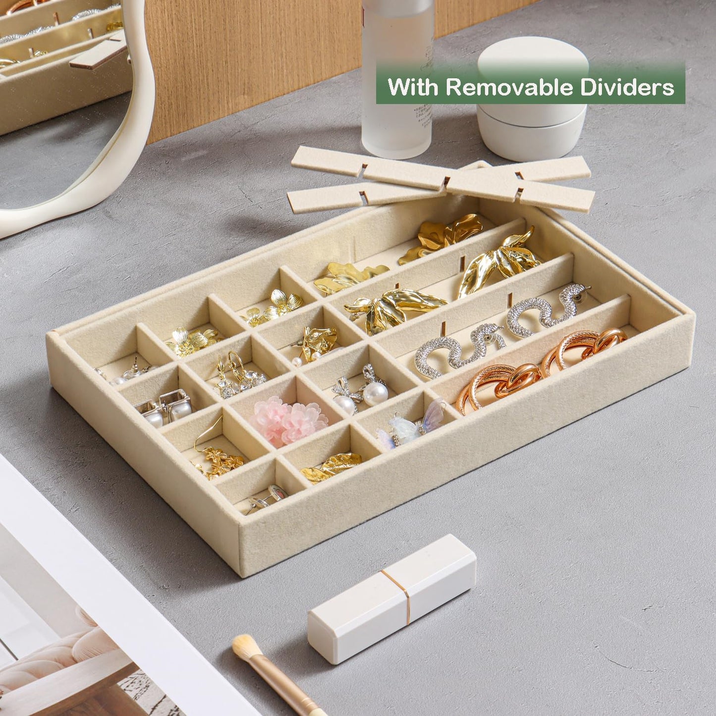 Jewelry Drawer Organizer, 4 Set of Stackable Jewelry Trays for Drawer Inserts Velvet Organizers and Display Storage for Earring Necklace Rings Bracelets (Beige)