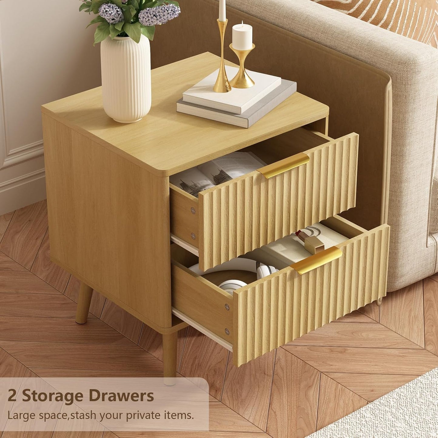 CARPETNAL Fluted Nightstand, Oak Bedside Table with 2 Drawers and Gold Handles, Wood End Table Mid Century Night Stands for Bedroom Living Room