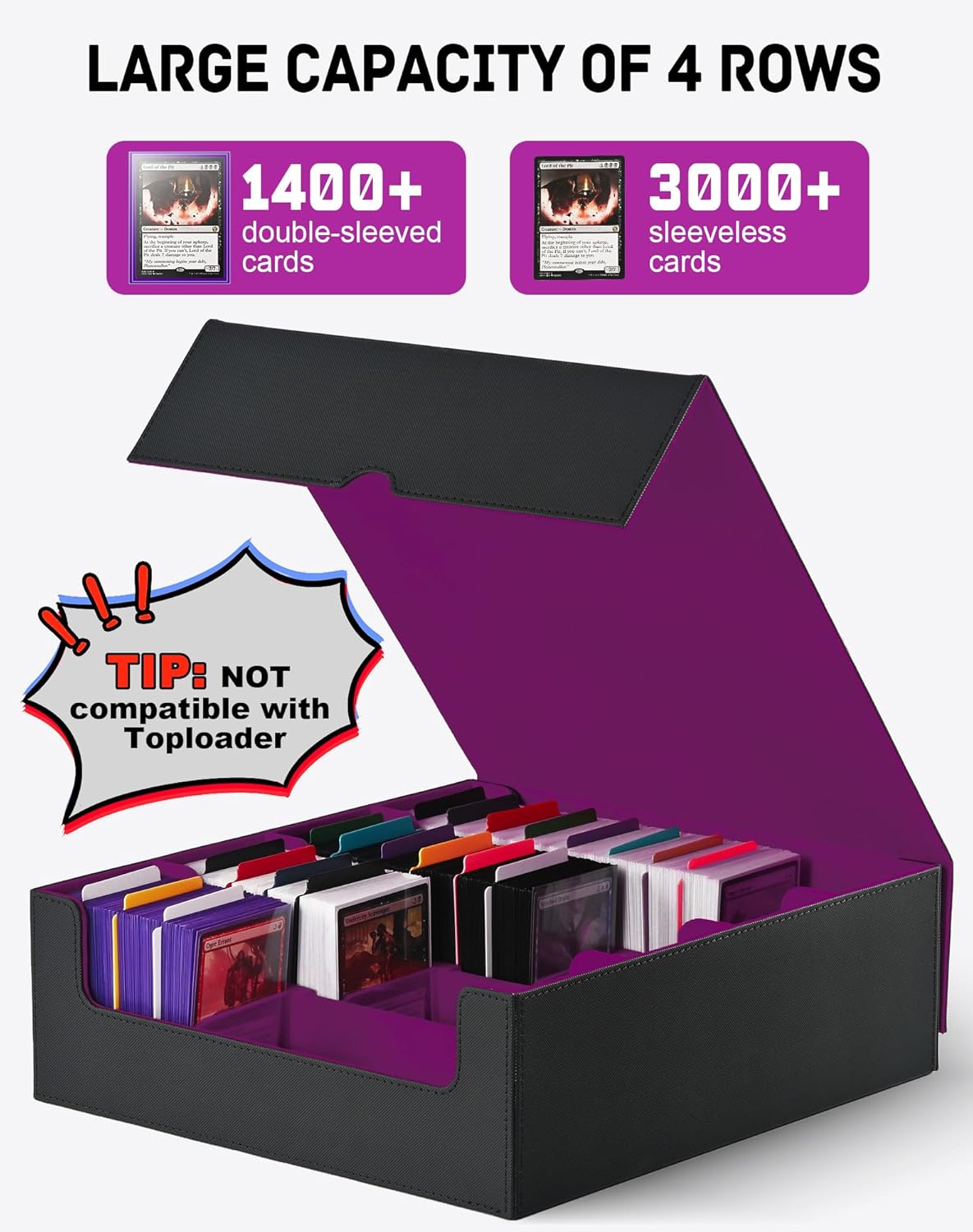 ZLCA Card Storage Box for MTG PTCG, Commander Deck Box Holds 3200+ Cards, Trading Card Storage Case with 4 Stoppers, Card Organizer for TCG Sport Cards(Black&Purple)