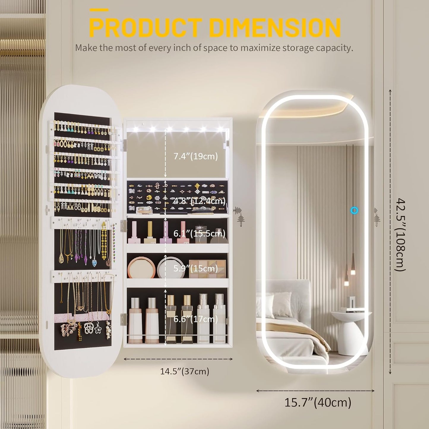 LVSOMT LED Mirror Jewelry Cabinet, Wall/Door Mount Jewelry Mirror Organizer, Rounded Full Length Mirror with Storage, Lockable Jewelry Armoire, 16" Wide, Foldable Shelf, Interior Mirror, White