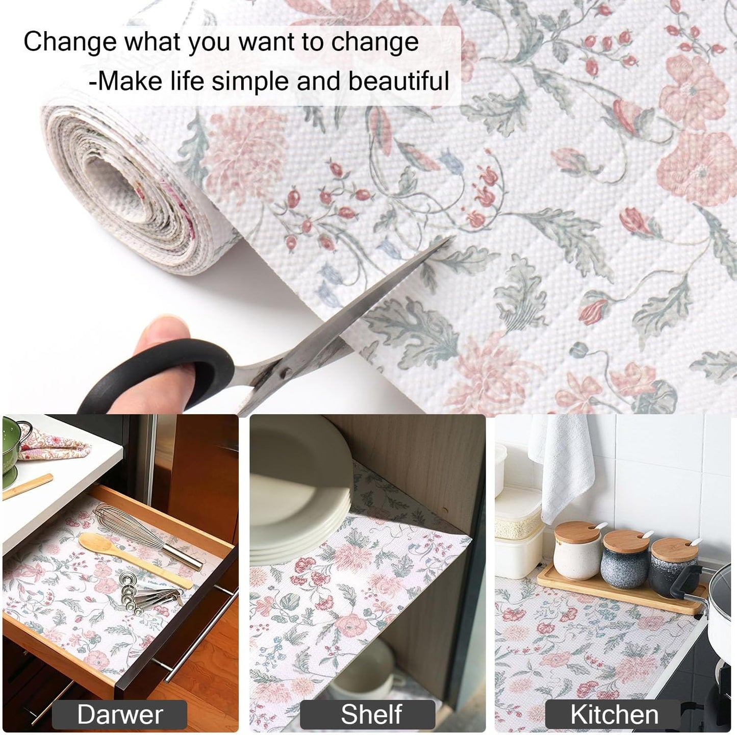 Floral Drawer and Shelf Liner for Cabinets, 12IN x 20FT Non-Adhesive and Strong Non-Slip Shelf Cabinet Drawer Liners for Kitchen, Table,Bookshelves,Waterproof Cupboard Liners,Easy to Clean